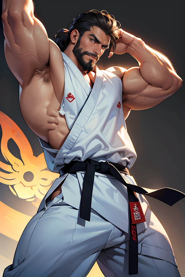 bodybuilding physique, A muscular man with a strong build.. He has a well-defined jaw and a serious expression.. Su piel es clara, y tiene barba corta. Boxeador o karateka, pose de karate, pose de boxeo, only pants, hermoso rostro,lleno de luz,Una mirada decidida
