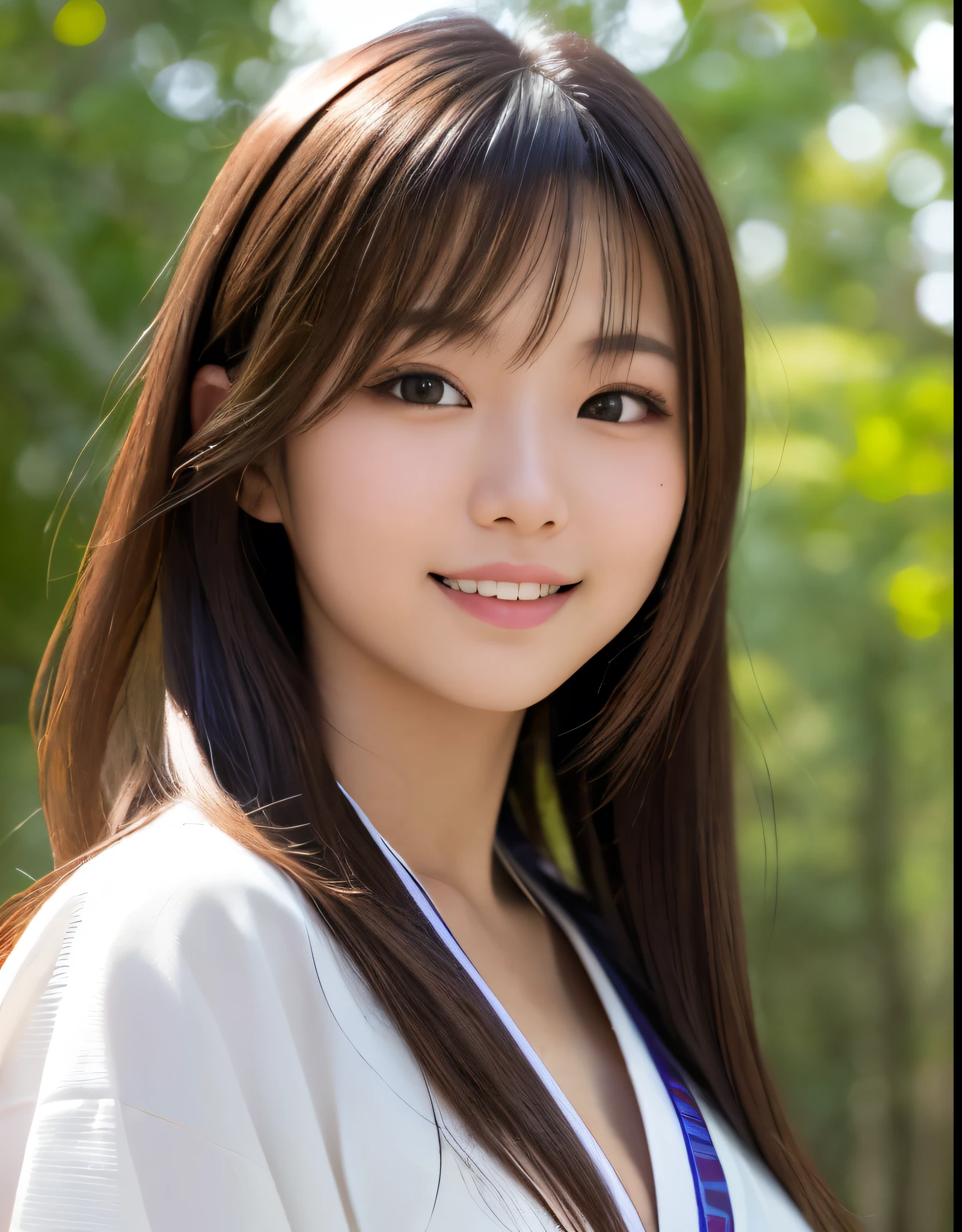 best quality, face focus, soft light, ultra high res, (photorealistic:1.4), RAW photo,(Shinozaki Ai),
1japanese girl, solo, cute, kawaii, smile, (pupil, lights in the eyes),  detailed beautiful face, (busty),(high resolution detail of human skin texture),(long hair),(portrait), chest up, white traditional kimono, in the forest,