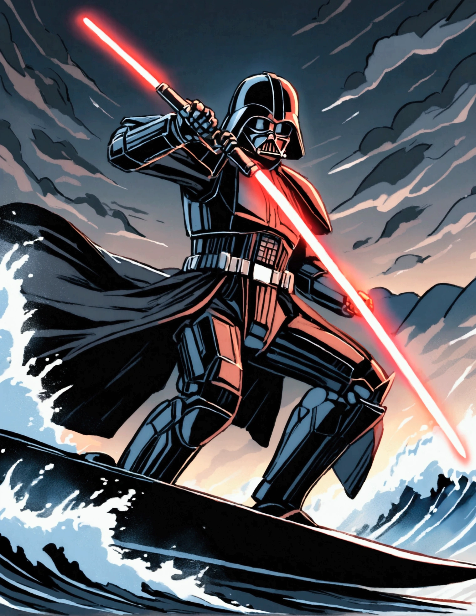 (Star Wars) Darth Vader is riding a mechanized combat surfboard, choppy waves, battle stance with 1 lightsaber lit, stormy skies