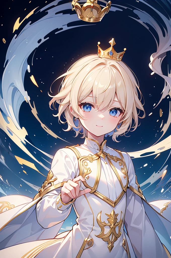 (Highest quality)　(4K)　(8k)　(High resolution)　(masterpiece:1.2)　(Super detailed)　One boy　short hair　Wizard　Blue Eyes　Long sleeve　Golden decoration　Hair between the eyes　White Dress　Wavy golden hair　Upper Body　(large crown)　(White Background)　(profile)　Face close-up　((Young))　smile　Activate magic　(Small body)　((Dress shirt))