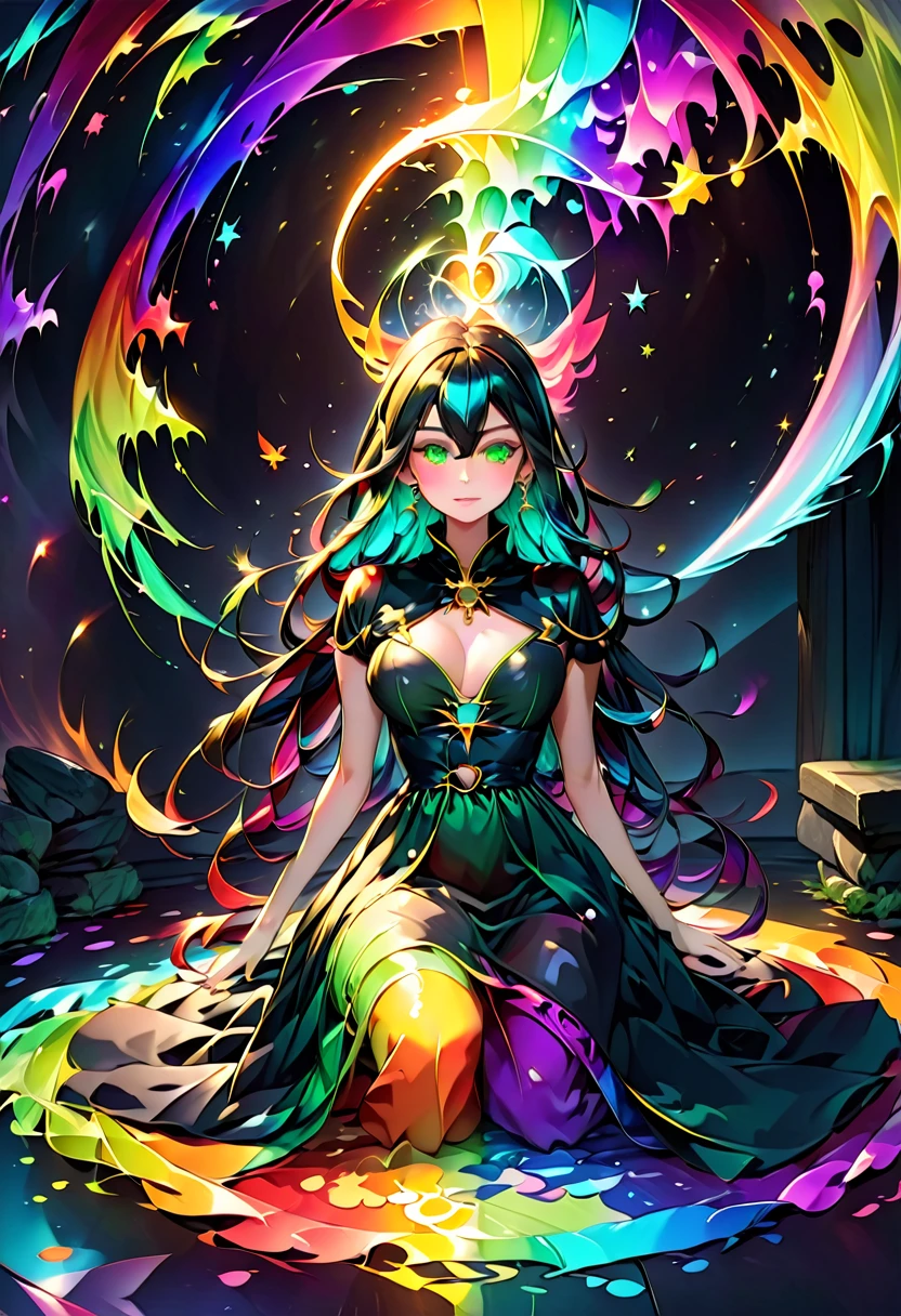 In a mysterious and eerie atmosphere、Create an illustration of a witch who controls the power of color。Darkness and light、And emphasize the contrast of vivid colors、Expresses the power and evil of the witch。
## Witch Appearance:
- Although the overall appearance is colorful、Dark tones based - long、Wavy hair - each section a different color(red、green、yellow、purple、green、orange)Shining in a jet black dress、虹色の光る模様や装飾が施されている
- 尖った帽子 - Darkness and lightの渦巻き模様で覆われている
- 鋭い目つきと邪悪な笑みを浮かべている顔
- 細長い指には、Shiny rings of different colors
## Background and Setting:
- Jet black background - Expressing deep darkness - A large magic circle of light behind the witch - Comprised of complex geometric patterns、Shining with rainbow colors - colorful rays radiating from the magic circle - small colored spheres floating around - representing primary and secondary colors - on the ground、Shadows distorted by the magic of color
## Magical Expressions:
- Released from the witch's hands、Spiral colorful magic flow - Wherever the magic flow touches、Objects changing into different colors - floating in the air、A crystal ball that keeps changing color
## Overall atmosphere:
- 不気味で魅惑的な雰囲気
- Darkness and lightのコントラストを強調
- 鮮やかな色彩と漆黒の闇が入り混じる世界観
## composition:
- Place the witch slightly left of the center of the screen. - Spread the magic circle across the entire background.、The witch is depicted as if she is being enveloped - the magic that the witch casts flows to the right side of the screen.、Create movement