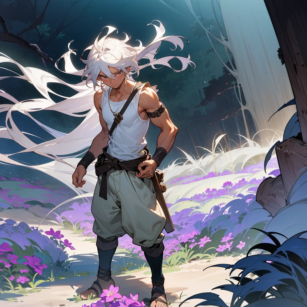 1male, muscular, tan skin, young teen, finely detailed lavander eyes, wild long hair, messy hair, seashell white color hair, adventurer gear, sleeveless shirt, baggy combat pants, night time, dark forest, somber expression, angry, flowers, standing on path, lanturns, black armband, cut over eyebrow