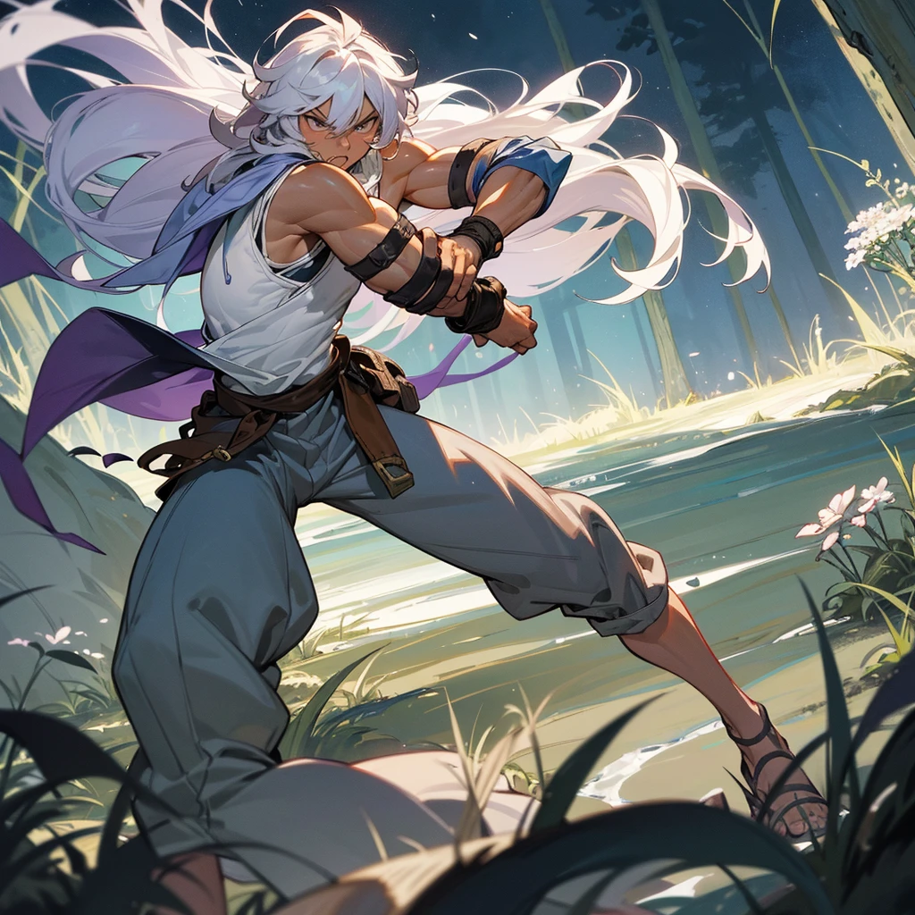 1male, muscular, tan skin, , finely detailed lavander eyes, wild long hair, messy hair, seashell white color hair, adventurer gear, sleeveless shirt, baggy combat pants, night time, dark forest, somber expression, angry, flowers, standing on path, lanturns, black armband, cut over eyebrow