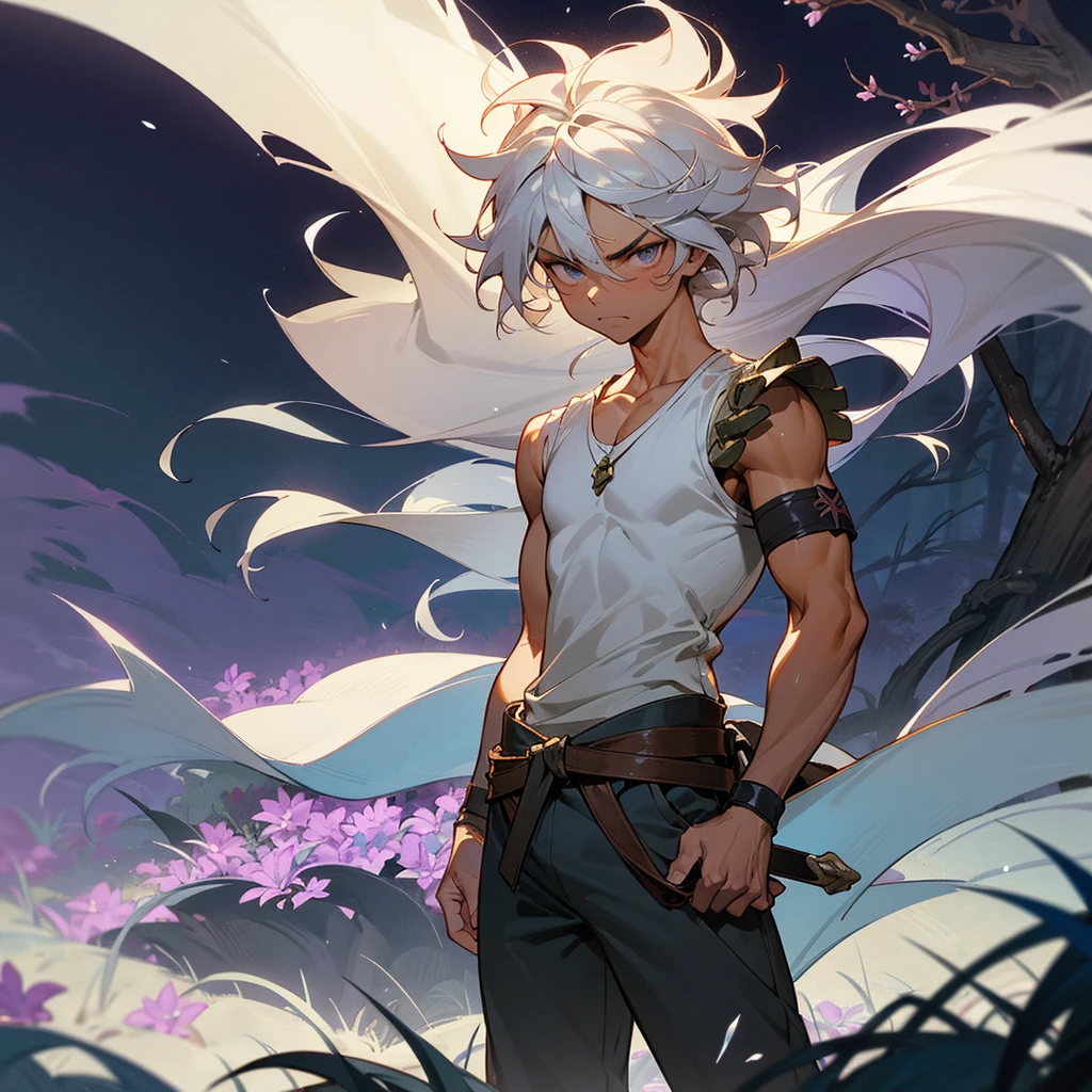 1male, muscular, tan skin, young teen, finely detailed lavander eyes, wild long hair, messy hair, seashell white color hair, adventurer gear, sleeveless shirt, baggy combat pants, night time, dark forest, somber expression, angry, flowers, standing on path, lanturns, black armband, cut over eyebrow