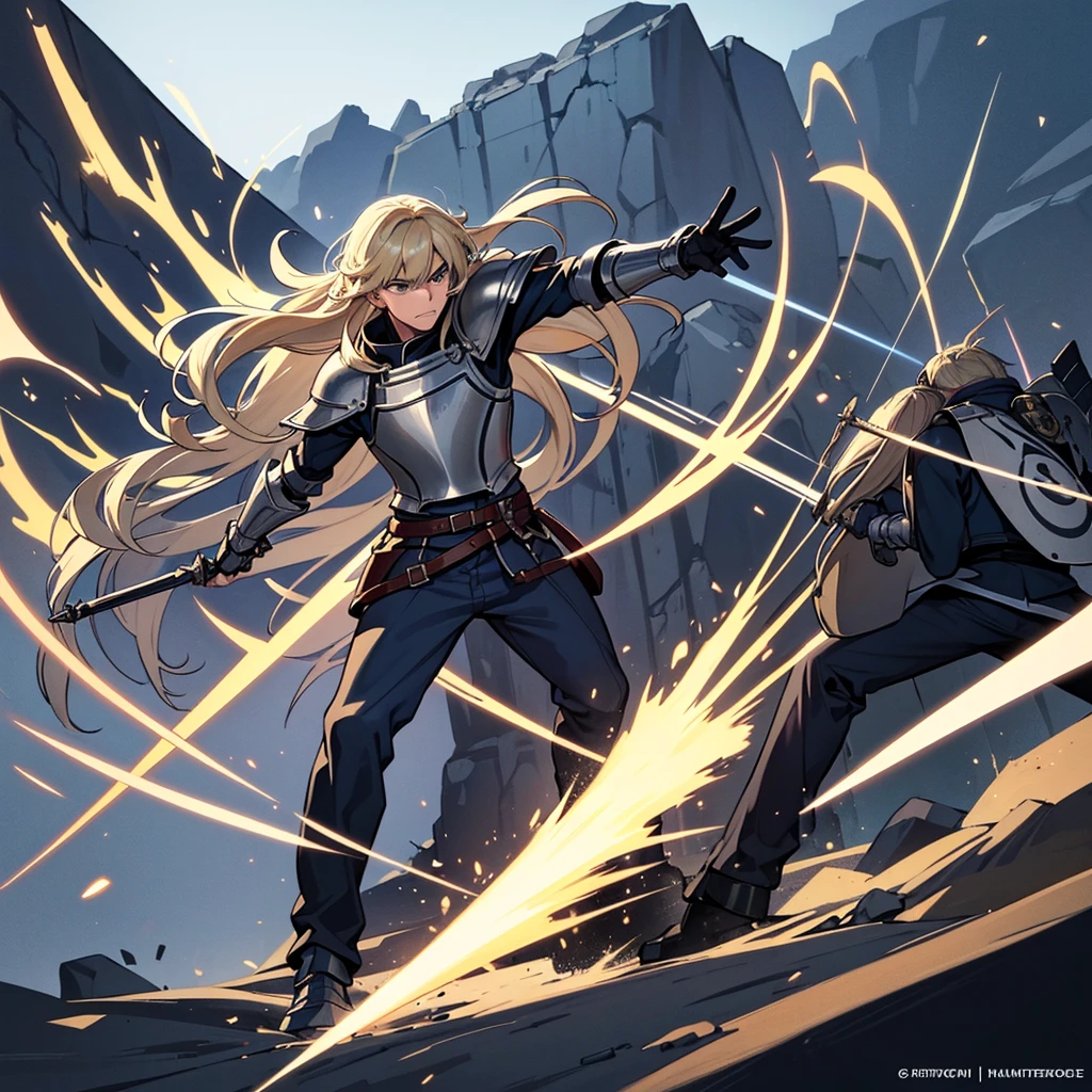 (Solo)、(Full body character concept)、Highest quality, Best Quality, Best illustrations, (((Grey Armor)))、(((Blond long hair man、Long-haired man、male、24-years-old、Cool guy)))、(Medieval Knight)、(Navy blue trousers)、(get annoyed、Clench your teeth)、(Living in the desert)、(White background)、Run、(Grab the sword)、(attack、Same angle、Deathblow、sparks)、Fighting stance