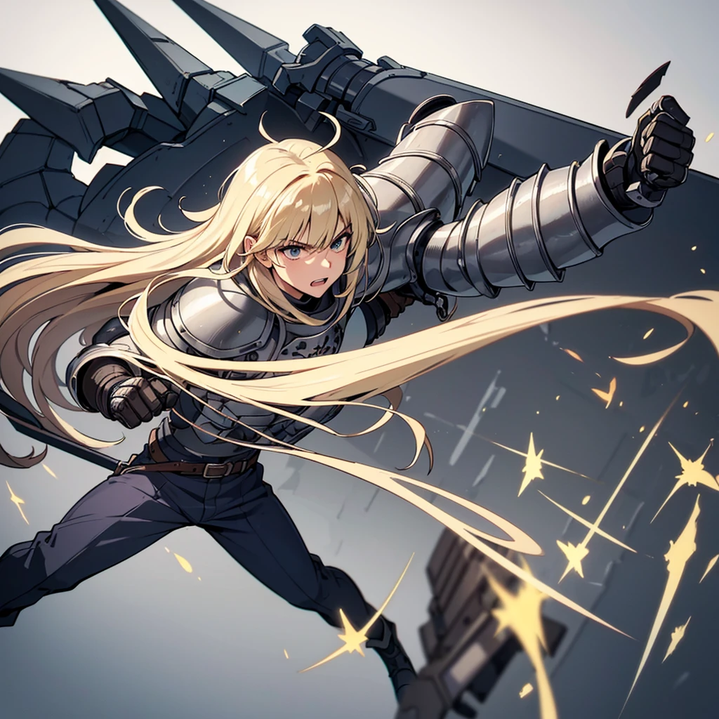 (Solo)、(Full body character concept)、Highest quality, Best Quality, Best illustrations, (((Grey Armor)))、(((Blond long hair man、Long-haired man、male、24-years-old、Cool guy)))、(Medieval Knight)、(Navy blue trousers)、(get annoyed、Clench your teeth)、(Living in the desert)、(White background)、Run、(Grab the sword)、(attack、Same angle、Deathblow、sparks)、Fighting stance