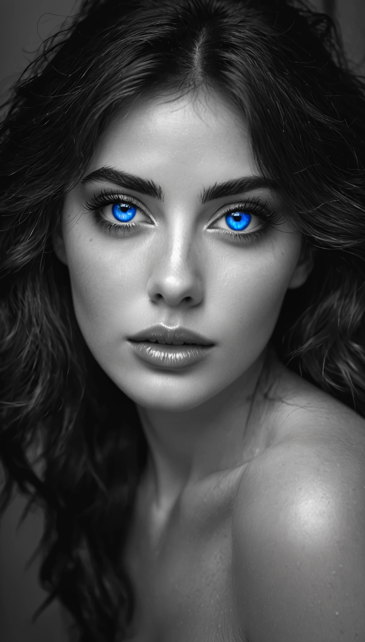 Photo noir et blanc et bleu profond, une femme aux yeux bleus sublimes, cheveux long bleus électriques très détaillés, une peau impeccable, tir à moitié du corps, tenant une rose darkblue, intensité du regard captivant, style de photographie fantaisiste, capturé avec un appareil photo Arriflex 35BL utilisant des objectifs Canon K25, Cinématique, Éclairage dramatique, Extrêmement clair, masterpiece surréaliste à couper le souffle.

