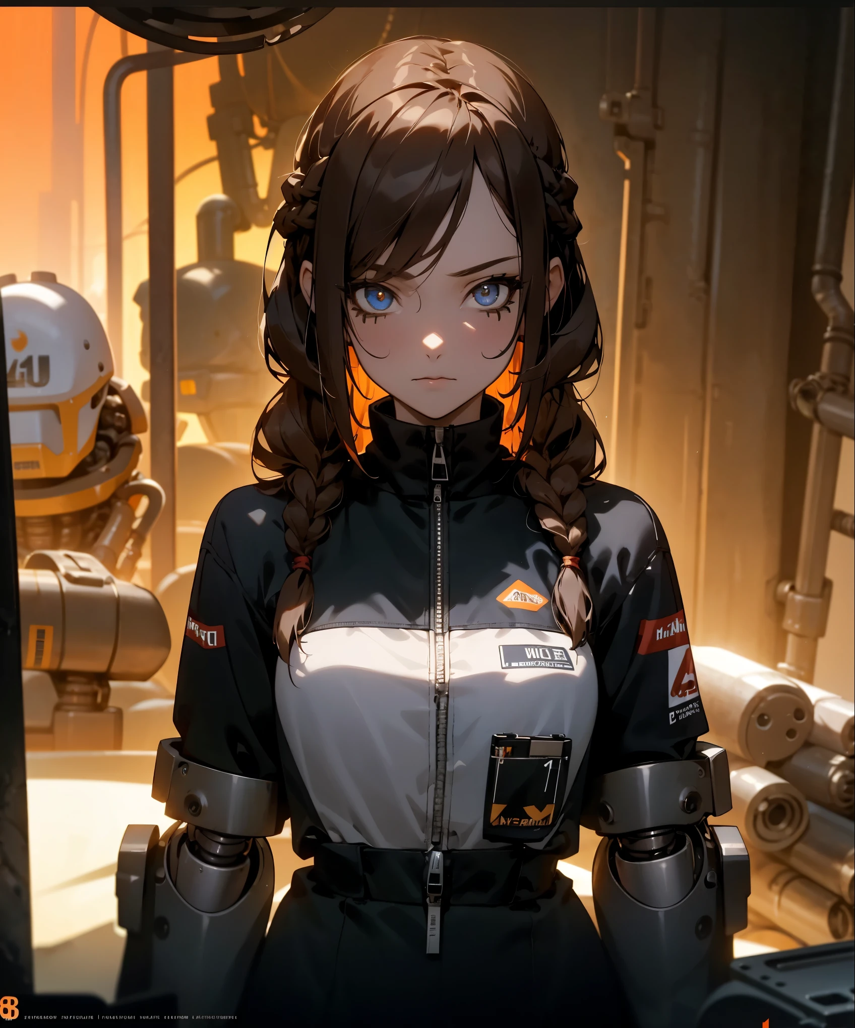 1girl, long braided brown hair, mechanic's jumpsuit, robot parts, wrench in hand, detailed face, detailed eyes, highly detailed, intricate details,, hyper detailed, 8k, masterpiece, digital art, industrial, mechanical, workshop environment, cinematic lighting, warm colors