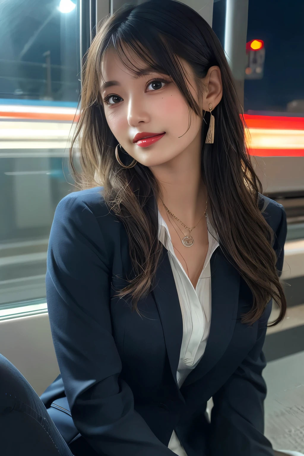 ((Upper Body))、(masterpiece:1.3), High resolution, Very detailed, Highly detailed CG Unity 8K wallpapers, Realistic, photo-Realistic, RAW Photos, Beautifully detailed face, Pale skin, Realistic glistening skin, Detailed cloth texture, Detailed hair texture, Perfect Style, Beautiful Face, Accurate, Anatomically correct, Highly detailed face and skin texture, fine grain, Brown eyes, double eyelid, Thin eyebrows, (Droopy eyes:0.65), (glitter eyeliner:1.2), Natural Cheeks, Glowing Skin, (Fair skin:1.2), Shiny necklace and earrings, (Glossy Lips: 1.4),
BREAK
(Classy and cute girl:1.3), (High ponytail hairstyles, Wavy Hair, Dark brown hair), (Captivating smile:1.2) (Wear an elegant business suit:1.3), (Black Stockings), Medium large breasts,
BREAK
((Cowboy Shot:1.2)), (Cross-legged sitting pose:1.4), At the train door, ((Night city view:1.2)),Large Breasts, Brown Hair,