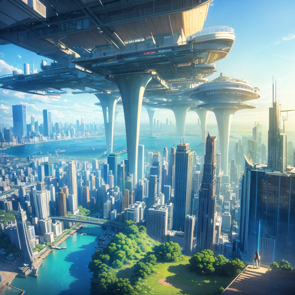 Seaside scenery, Blue sky and clouds、Ultra HD、Ultra-delicate details、(Highest quality,4K,8k,High resolution,masterpiece:1.2),Very detailed,(Realistic,Realistic,Photorealistic:1.37),Future Technology,Huge urban high-tech tablet platform,airship,Floating in the sky,Future City,小さなairshipが周囲に,High-tech hemispherical platform,Colorful lights,High-level architecture,Modern architecture,Access the cloud,Beautiful views,City view,Impressive design,Future Transportation Systems,No Parking,Transparent path,Lush greenery,waterfall,Spectacular Skyline,Reflection on the surface of the water,Shining River,Architectural Innovation,Futuristic skyscrapers,Transparent Dome,The building has an unusual shape,Elevated walkway,Impressive Skyline,Glowing lights,Future Technology,minimalist design,Scenic spots,panoramic,tower that pierces the clouds,Vibrant colors,Spectacular sunrise,Spectacular sunset,Dazzling light display,Magical atmosphere,Future City,Urban Utopia,Luxury Lifestyle,Innovative Energy,Sustainable Development,Smart City Technology,Advanced Infrastructure,Quiet atmosphere,Nature and technology coexist in harmony,Great cityscape,Unprecedented urban planning,Architecture seamlessly connects with nature,,A marvel of cutting-edge engineering,The future of urban living,A visionary architectural concept,Energy-efficient buildings,Harmony with the environment,A city floating above the clouds,Utopian dreams become reality,The possibilities are endless,Cutting-edge transportation network,Green Energy Integration,Innovative Materials,Impressive holographic display,Advanced Communication Systems,Breathtaking aerial views,Quiet and peaceful environment,Modernist aesthetics