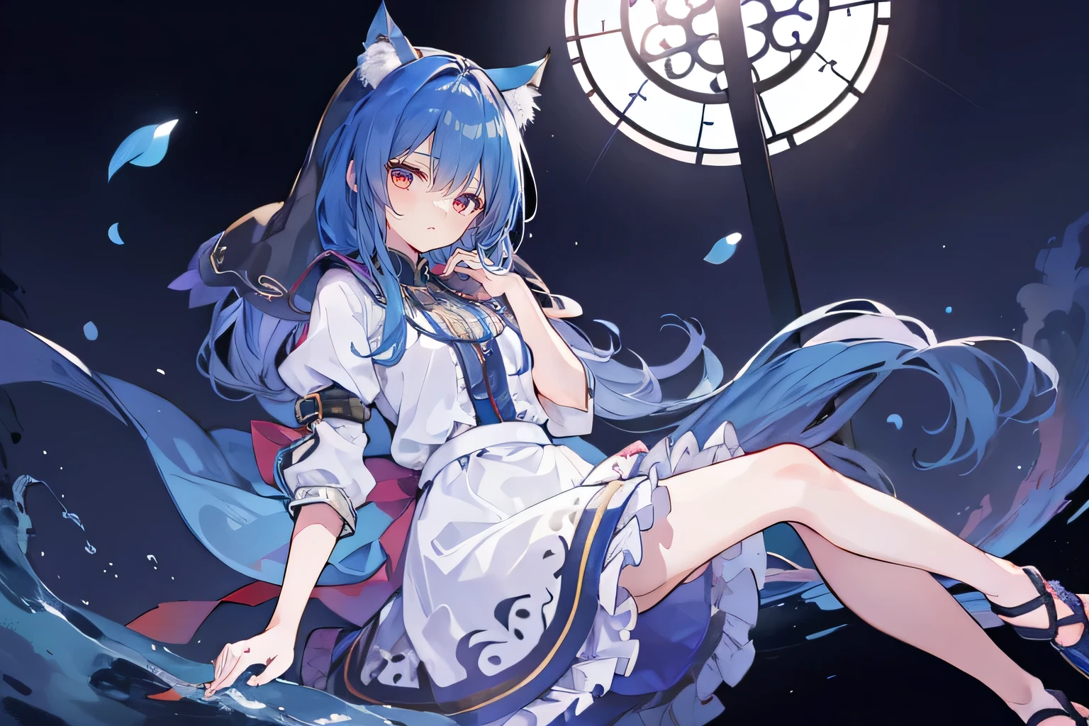 (masterpiece:1.2),Super detailed,lifelike,Expressive eyes,fair skin,perfect face shape,1 girl,
Japanese comics,Gorgeous blue hair,flowing blue hair,flowing clothes,Cat ears,Petals fall,beautiful lola,Baby Angel,
Shaking head with one hand,Cross your legs,Gentle and peaceful background,The pavilion is cool and comfortable,smile, wearing hoodie, In front of the window,snowing