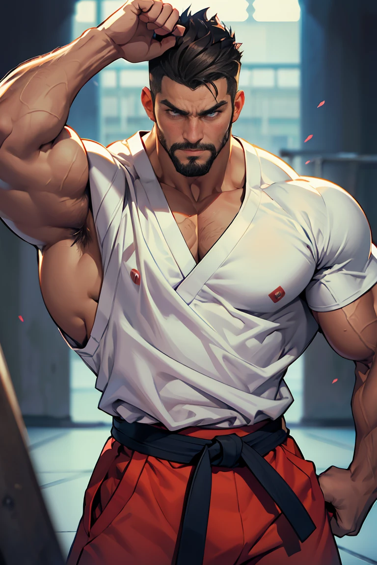 bodybuilding physique, A muscular man with a strong build.. He has a well-defined jaw and a serious expression.. Su piel es clara, y tiene barba corta. Boxeador o karateka, pose de karate, pose de boxeo, only pants, hermoso rostro,lleno de luz,Una mirada decidida