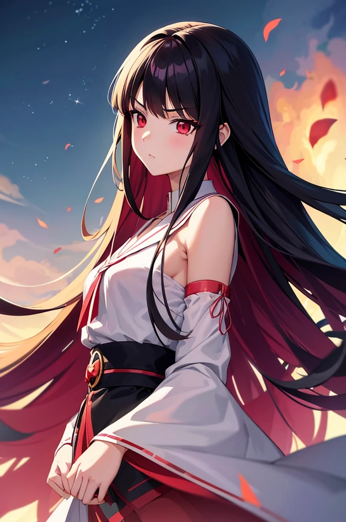 Illustration of a girl with long hair and red eyes, in animation style, Inspired by Jin Homura, as an anime character, anime style character, in animation style, anime character, anime girl, 일본 in animation style, inspired by Takehisa Yumeji, Semi-realistic animation style, Very detailed angry anime face, female anime character, anime style portrait
