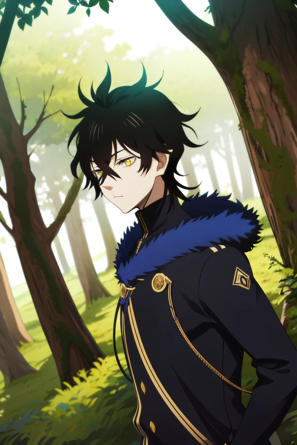 1boy, walking in forest,solo,yuno_black_clover, black hair, yellow eyes, short hair, hair between eyes, half body photo,Facing right, camera angle from the side, photo from the side, looking away 