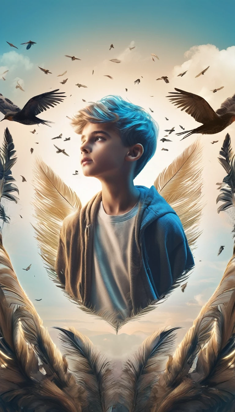 Create a professional, fantastic, cinematic dream-like YouTube Banner for a brand about music, stories, fantasy and dreams called " Penamemoria". Masterpiece, 4k, sharp focus, highest quality,wide shot. The title is " Penamemoria". Is a brand about the creative, unique journey of a boy into becoming a musician storyteller. In his journey, he finds inspiration in a world of birds and feathers. Minimalistic, simple, poetic, dreamy logotype at the center of the image. The Background image is a world full of fantastic feathers, unique birds, light blue sky, soft white and light golden. Logo design of a face of a boy and a face of a feather