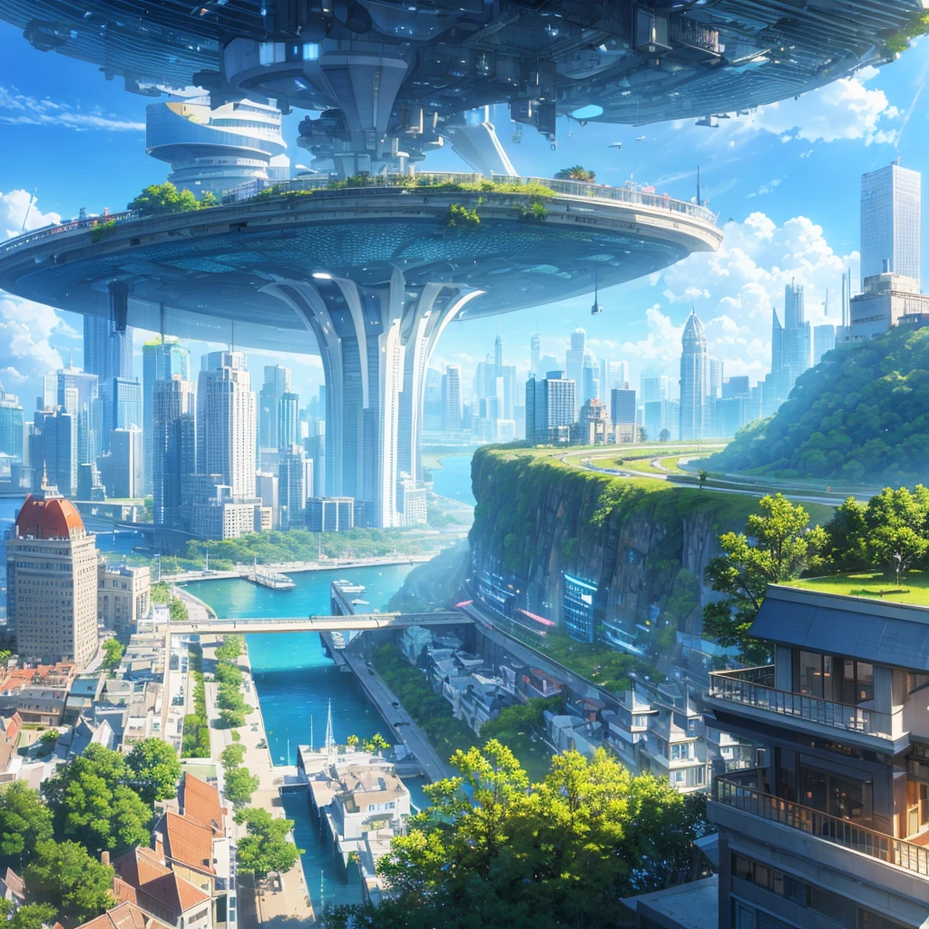 Seaside scenery, Blue sky and clouds、Ultra HD、Ultra-delicate details、(Highest quality,4K,8k,High resolution,masterpiece:1.2),Very detailed,(Realistic,Realistic,Photorealistic:1.37),Future Technology,Huge urban high-tech tablet platform,airship,Floating in the sky,Future City,小さなairshipが周囲に,High-tech hemispherical platform,Colorful lights,High-level architecture,Modern architecture,Access the cloud,Beautiful views,City view,Impressive design,Future Transportation Systems,No Parking,Transparent path,Lush greenery,waterfall,Spectacular Skyline,Reflection on the surface of the water,Shining River,Architectural Innovation,Futuristic skyscrapers,Transparent Dome,The building has an unusual shape,Elevated walkway,Impressive Skyline,Glowing lights,Future Technology,minimalist design,Scenic spots,panoramic,tower that pierces the clouds,Vibrant colors,Spectacular sunrise,Spectacular sunset,Dazzling light display,Magical atmosphere,Future City,Urban Utopia,Luxury Lifestyle,Innovative Energy,Sustainable Development,Smart City Technology,Advanced Infrastructure,Quiet atmosphere,Nature and technology coexist in harmony,Great cityscape,Unprecedented urban planning,Architecture seamlessly connects with nature,,A marvel of cutting-edge engineering,The future of urban living,A visionary architectural concept,Energy-efficient buildings,Harmony with the environment,A city floating above the clouds,Utopian dreams become reality,The possibilities are endless,Cutting-edge transportation network,Green Energy Integration,Innovative Materials,Impressive holographic display,Advanced Communication Systems,Breathtaking aerial views,Quiet and peaceful environment,Modernist aesthetics