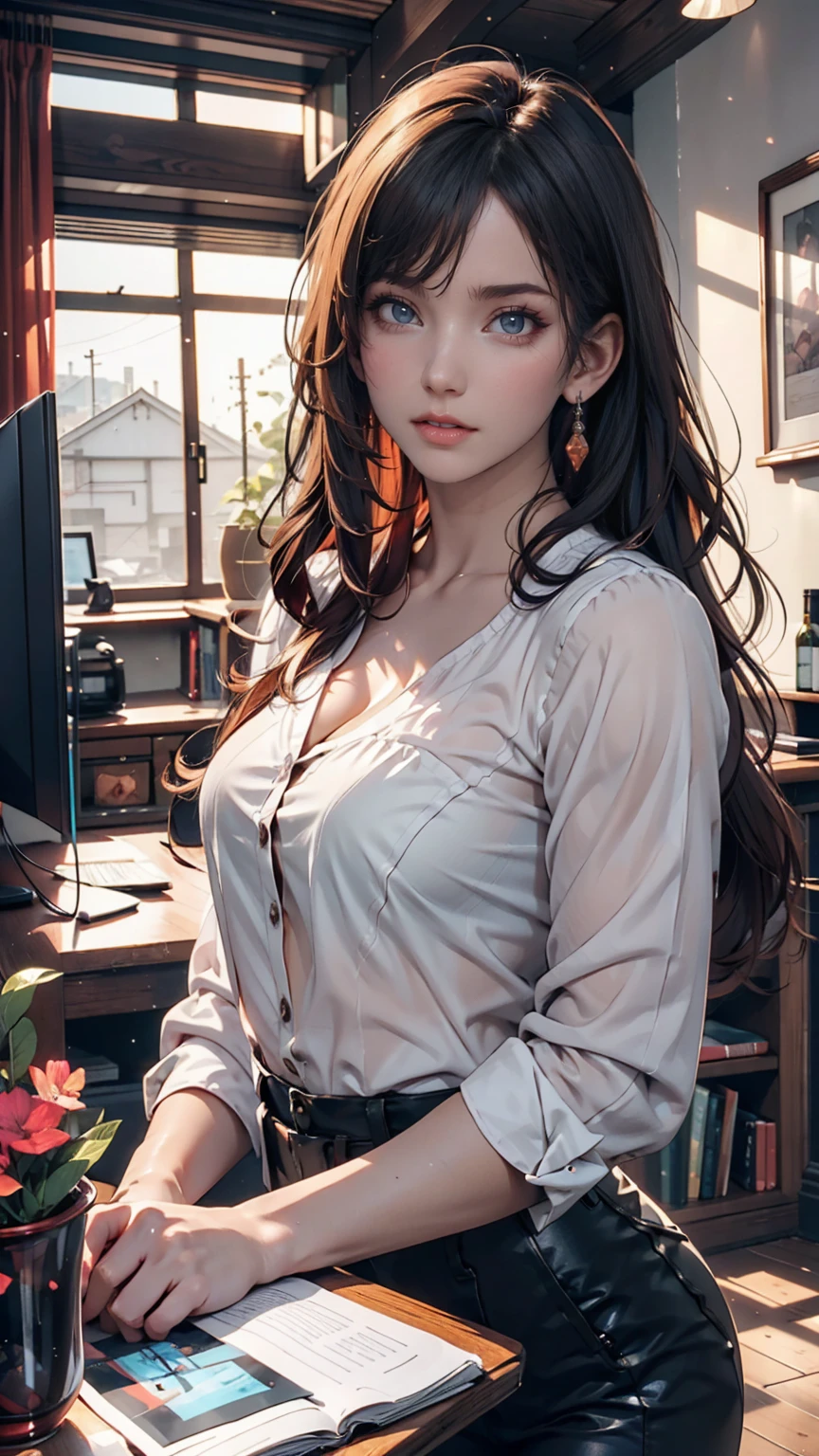 One girl, Colorful Themes, Synthwave Sky,(最high quality, high quality, High resolution), Realistic, Very detailed, Very detailed顔の特徴, Absurd, Realistic lighting and reflections, Very detailed顔の特徴, See-through shirt, Best Photos,high quality illustration
