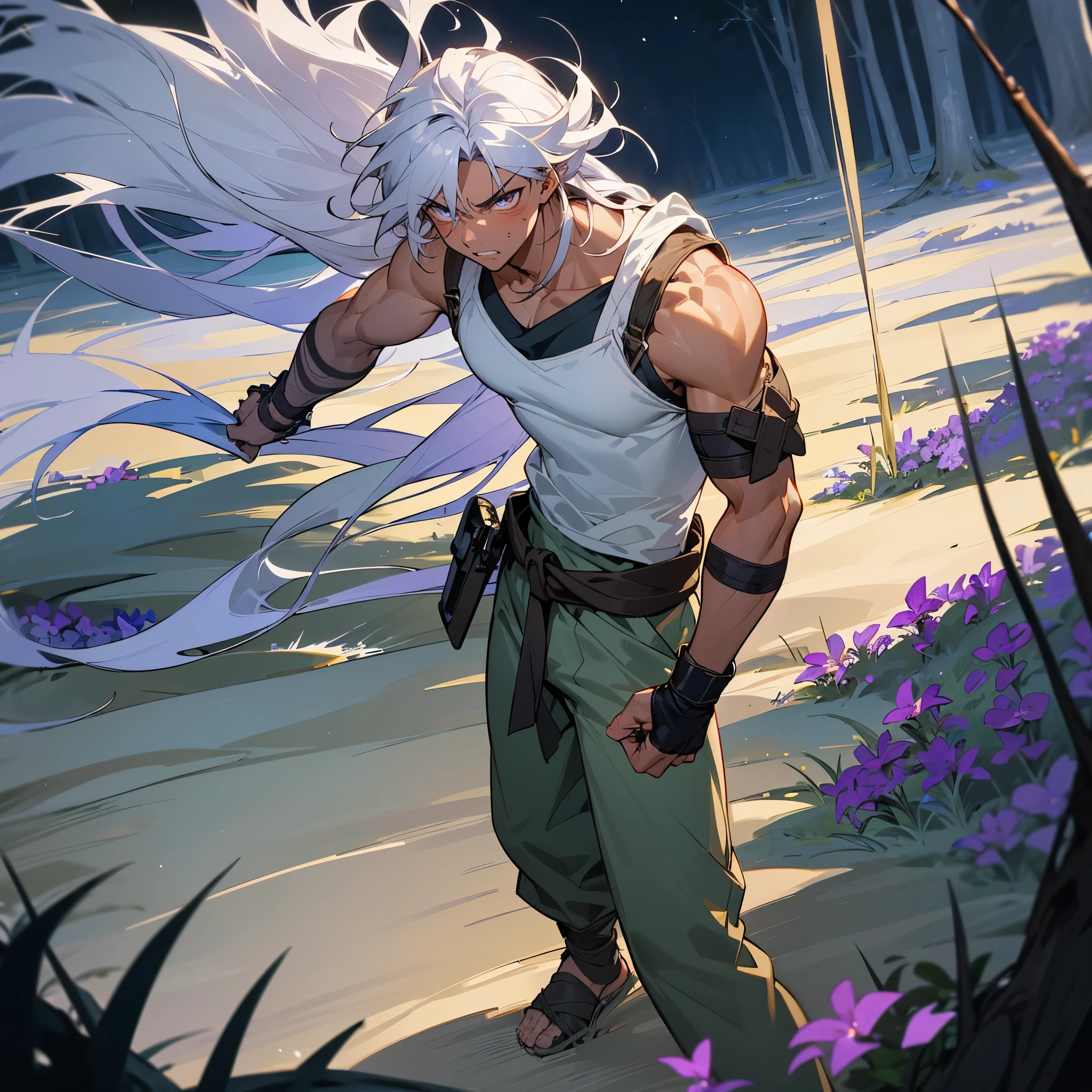 1male, muscular, tan skin, young teen, finely detailed lavander eyes, wild long hair, messy hair, seashell white color hair, adventurer gear, sleeveless shirt, baggy combat pants, night time, dark forest, somber expression, angry, flowers, standing on path, lanturns, black armband, cut over eyebrow