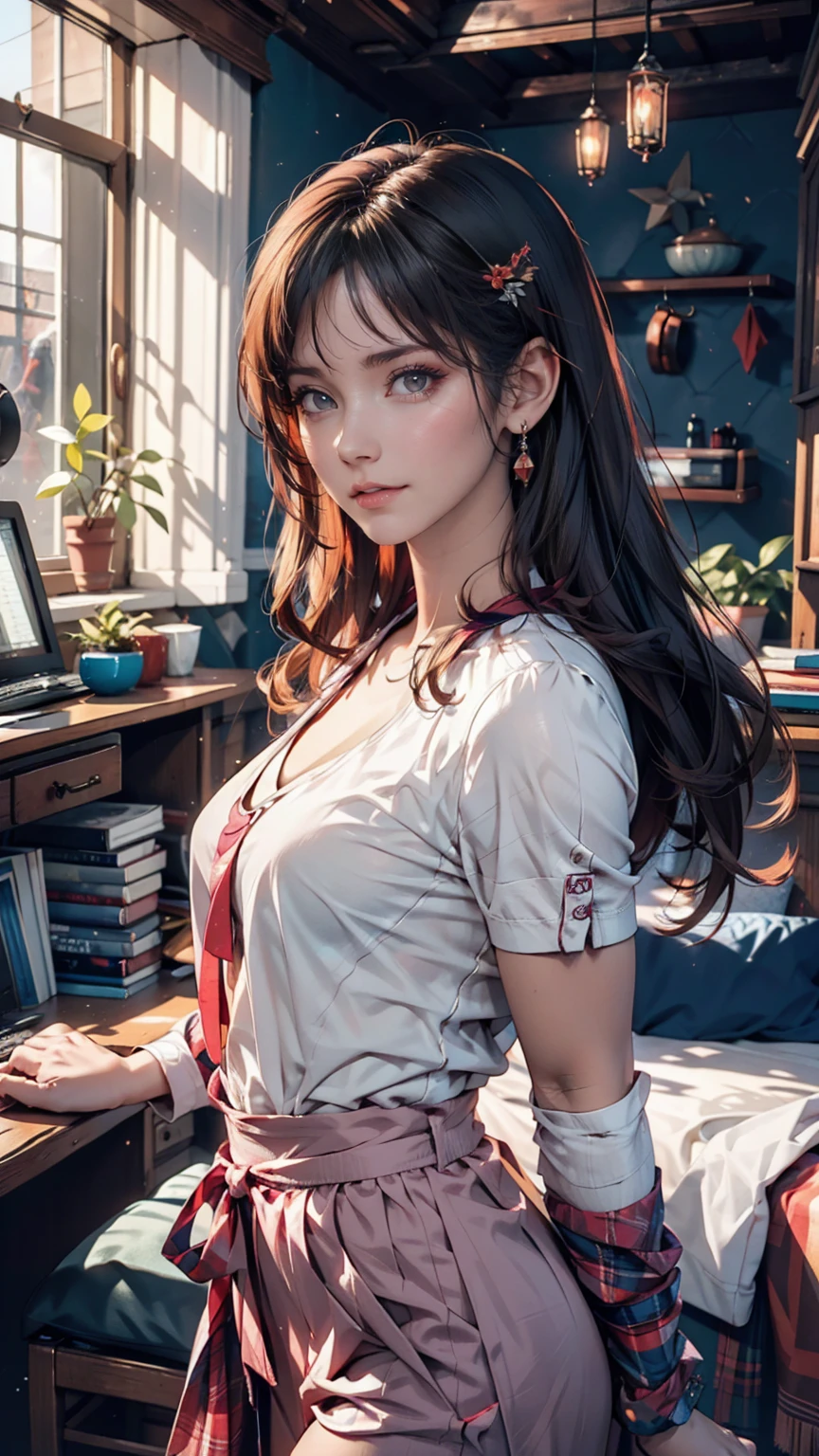 One girl, Colorful Themes, Synthwave Sky,(最high quality, high quality, High resolution), Realistic, Very detailed, Very detailed顔の特徴, Absurd, Realistic lighting and reflections, Very detailed顔の特徴, See-through shirt, Best Photos,high quality illustration