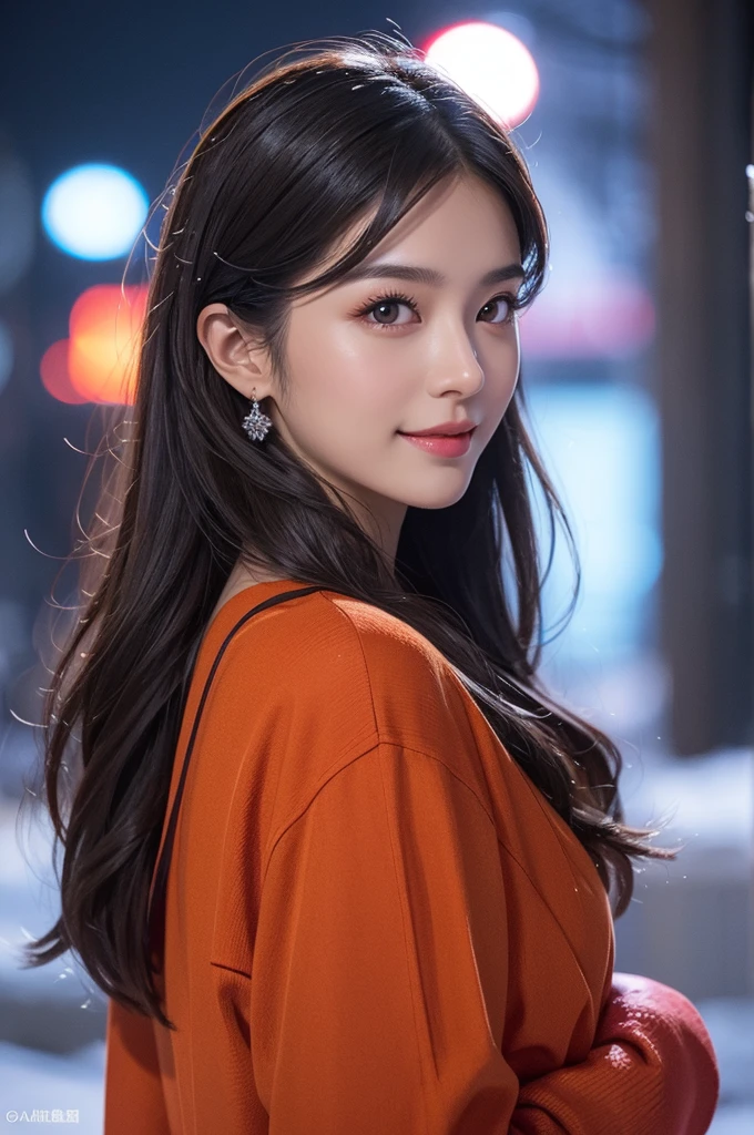 8k Ultra Resolution、Beautiful woman、One Woman、Dark Brown Hair:1.1、Ultra detailed face、Detailed lips、important、(Eyes are in focus)、double eyelid、Princess Eyes、Beautiful Japanese Women、Beautiful Japanese Woman、Sensual lips、Bewitching body、Bust size 82、8th class、Stand in a stimulating pose facing forward with a natural body and good balance between left and right.、Girlfriend in her 20s、(20-year-old)、sense of distance、nice smile、 Wear black-red-orange-light purple-fashionable and trendy long sleeve clothes and skirts,,、important(Detailed hand counts and shapes)、Sharp images、Detailed eye sparkle、Heavy snow falling in the background、color々Hair style、Incredibly realistic and detailed snow、Snow piled up in the background、Ultra-realistic and detailed night view and Christmas,