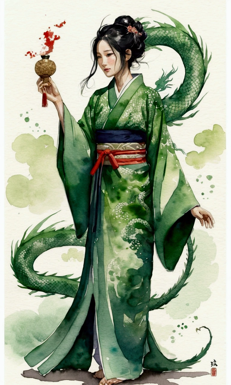 kimonoを着たとても綺麗なJapanese womenが大きなGreen Dragonに乗って飛んでいる Watercolor Ink illustration spiritual Japanese Dragon Green Dragon kimono Japanese women Chen Chen年 Ghibli-style illustrations