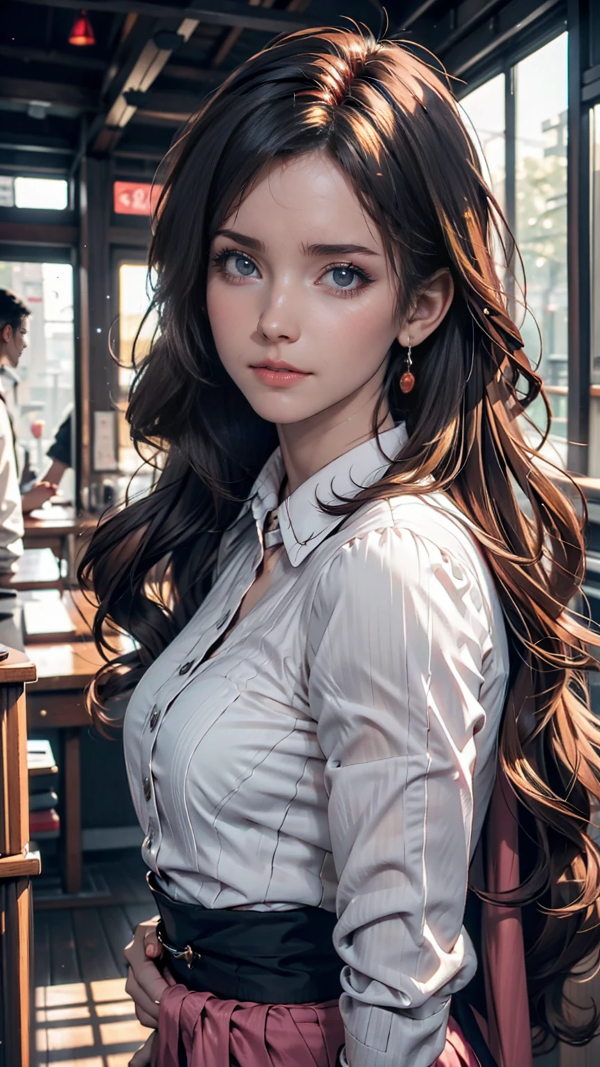 ((full bodyesbian)), (8K, Best quality, Masterpiece:1.2), (Realistic, photo-realistic:1.37), Ultra-detailed, 1 girl,Cute, Solo,Beautiful detailed sky,Detailed Cafe,Night,Sitting,dated,(nose blush),(Smile:1.15),(Closed mouth) Small breasts,Beautiful detailed eyes,(Collared shirt:1.1), Night, Wet,Business attire, rain,White lace, Floating hair NovaFrogStyle,