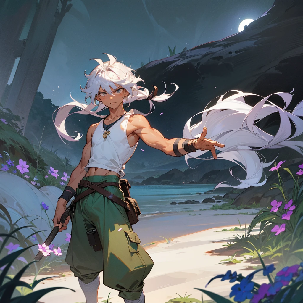 1male, muscular, tan skin, young teen, finely detailed lavander eyes, wild long hair, messy hair, seashell white color hair, adventurer gear, sleeveless shirt, baggy combat pants, night time, dark forest, somber expression, angry, flowers, standing on path, lanturns, black armband, cut over eyebrow