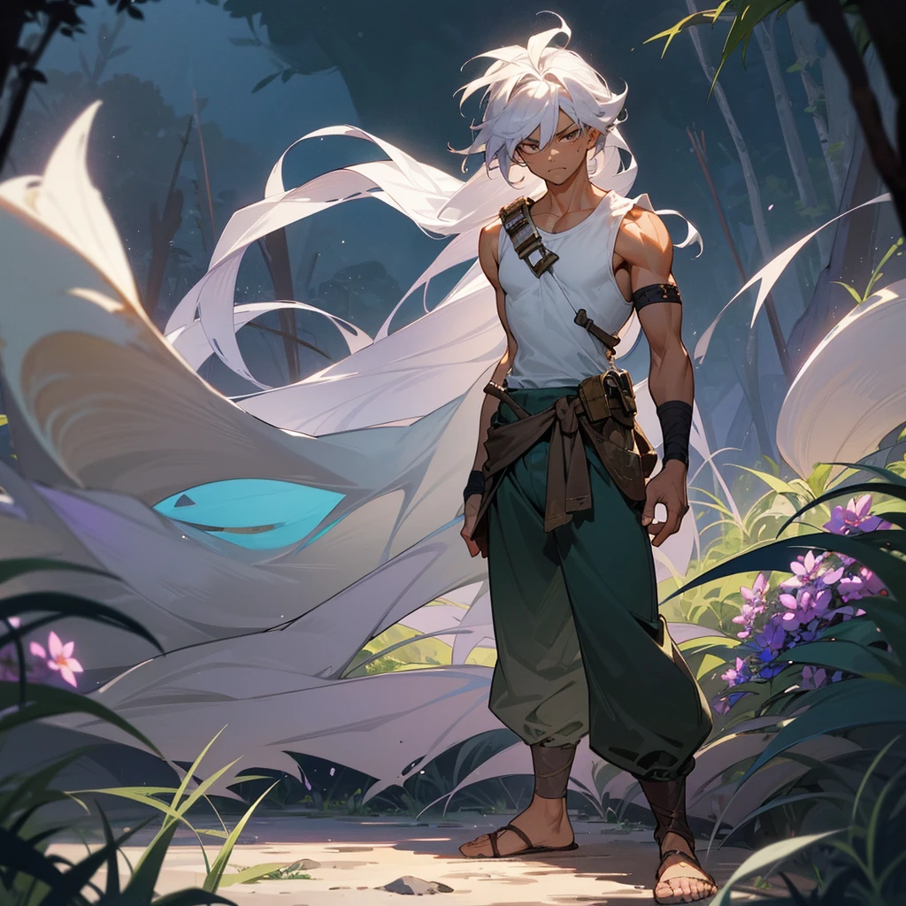 1male, muscular, tan skin, young teen, finely detailed lavander eyes, wild long hair, messy hair, seashell white color hair, adventurer gear, sleeveless shirt, baggy combat pants, night time, dark forest, somber expression, angry, flowers, standing on path, lanturns, black armband, cut over eyebrow