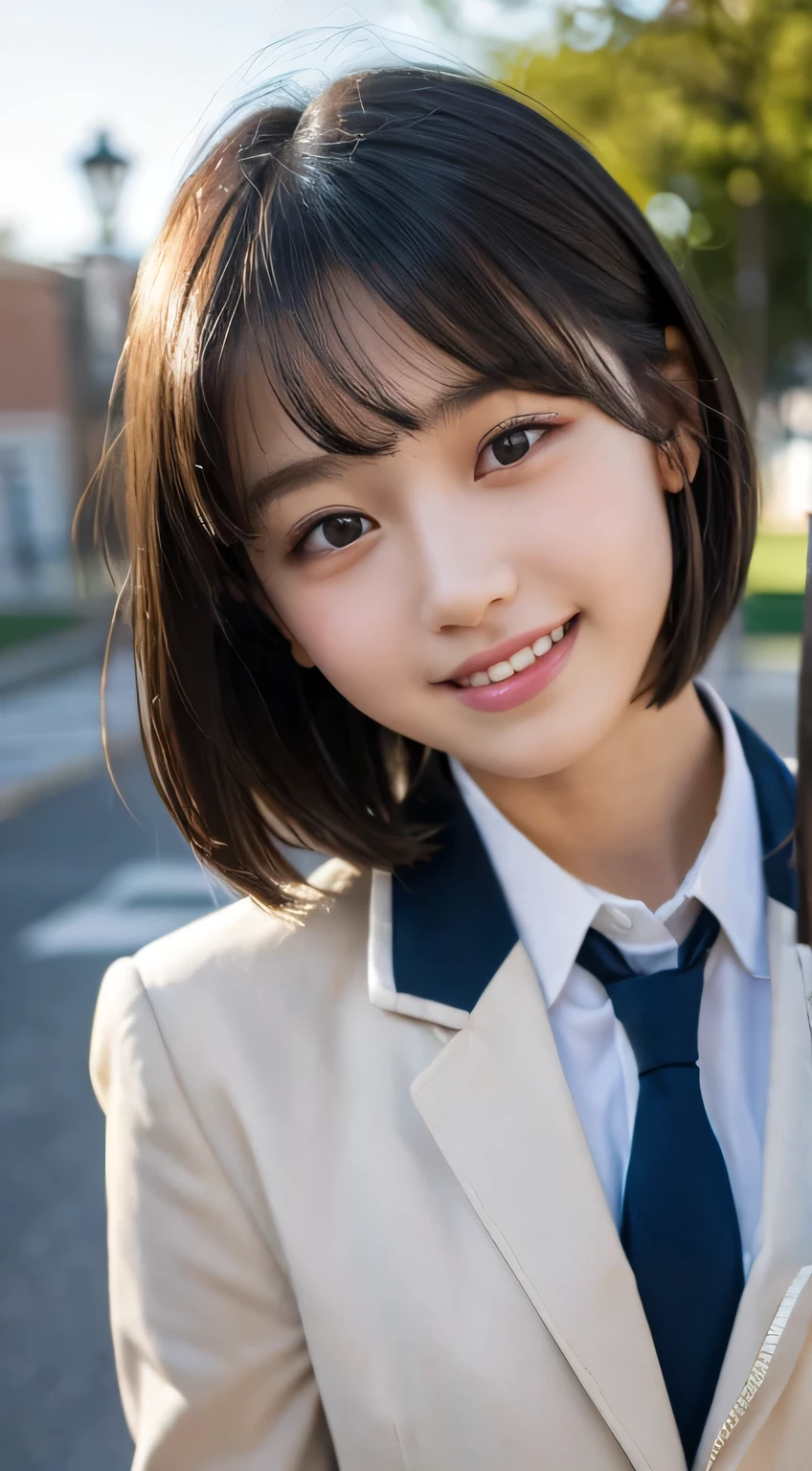 (Highest quality,8K quality,masterpiece:1.3),(Ultra-high resolution,Photorealistic:1.4,RAW Photos),(Ultra-detailed,Caustics,Detailed Background),(Ultra-Realistic Capture,Beautiful and detailed skin,Perfect Anatomy),At sunset,Sunset sky,School building,Schoolyard,18-year-old,cute,single eyelid,Black short bob,School Blazer Uniform,Looking into the camera,Laughter,Bust up shot,Natural soft light, Close-up, Turn around diagonally from the front