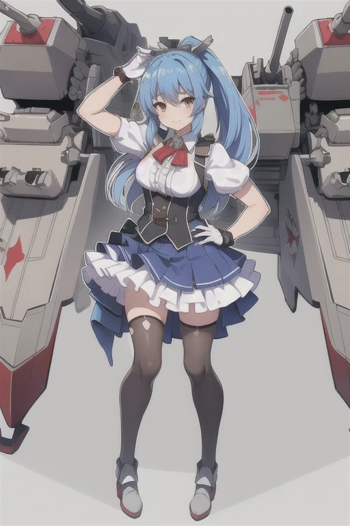 prinz eugen \(warship girls r\),((masterpiece)),(((best quality))),((ultra-detailed)),((illustration)),((disheveled hair)),((frills)),(1 girl),(solo),1girl, blue hair, blue skirt, breasts, brown eyes, brown legwear, cannon, full body, headgear, long hair, looking at viewer, machinery, mecha musume, miniskirt, pleated skirt, ponytail, shirt, short sleeves, skirt, smile, solo, standing, thighhighs, turret, white shirt