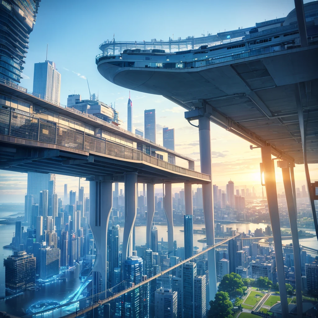 Seaside scenery, Blue sky and clouds、Ultra HD、Ultra-delicate details、(Highest quality,4K,8k,High resolution,masterpiece:1.2),Very detailed,(Realistic,Realistic,Photorealistic:1.37),Future Technology,Huge urban high-tech tablet platform,airship,Floating in the sky,Future City,小さなairshipが周囲に,High-tech hemispherical platform,Colorful lights,High-level architecture,Modern architecture,Access the cloud,Beautiful views,City view,Impressive design,Future Transportation Systems,No Parking,Transparent path,Lush greenery,waterfall,Spectacular Skyline,Reflection on the surface of the water,Shining River,Architectural Innovation,Futuristic skyscrapers,Transparent Dome,The building has an unusual shape,Elevated walkway,Impressive Skyline,Glowing lights,Future Technology,minimalist design,Scenic spots,panoramic,tower that pierces the clouds,Vibrant colors,Spectacular sunrise,Spectacular sunset,Dazzling light display,Magical atmosphere,Future City,Urban Utopia,Luxury Lifestyle,Innovative Energy,Sustainable Development,Smart City Technology,Advanced Infrastructure,Quiet atmosphere,Nature and technology coexist in harmony,Great cityscape,Unprecedented urban planning,Architecture seamlessly connects with nature,,A marvel of cutting-edge engineering,The future of urban living,A visionary architectural concept,Energy-efficient buildings,Harmony with the environment,A city floating above the clouds,Utopian dreams become reality,The possibilities are endless,Cutting-edge transportation network,Green Energy Integration,Innovative Materials,Impressive holographic display,Advanced Communication Systems,Breathtaking aerial views,Quiet and peaceful environment,Modernist aesthetics