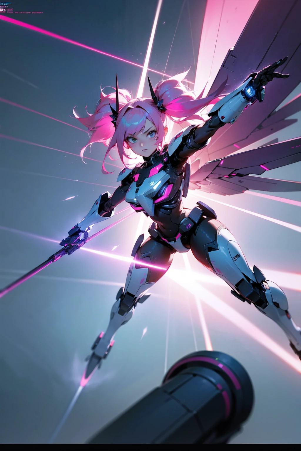 1girl, pink hair in twin tails, futuristic battle suit with wing-like thrusters, flying above a city, lasers firing from arm cannons, cinematic lighting, dramatic action pose, highly detailed, intricate mecha design, vibrant colors, neon city, engaging sci-fi atmosphere, 8k, masterpiece, ray tracing, volumetric lighting, advanced post-processing