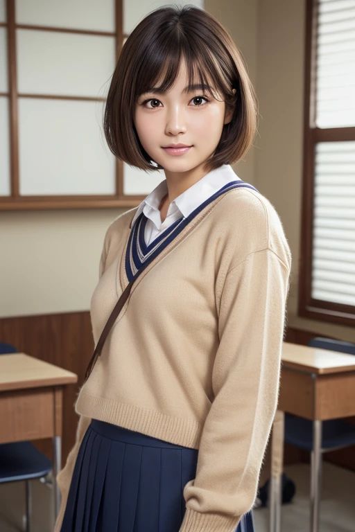 Highest quality, Face Focus, Soft Light, Ultra-high resolution, (Realistic:1.4), RAW Photos, 1 Japanese girl, alone, cute, (A shy smile:0.5), (Brown eyes, Light in your eyes), Beautiful face in every detail, (Small box),(High resolution detail of human skin texture), (Short Bob Hair), break, In the classroom,Navy uniform, Best, skirt