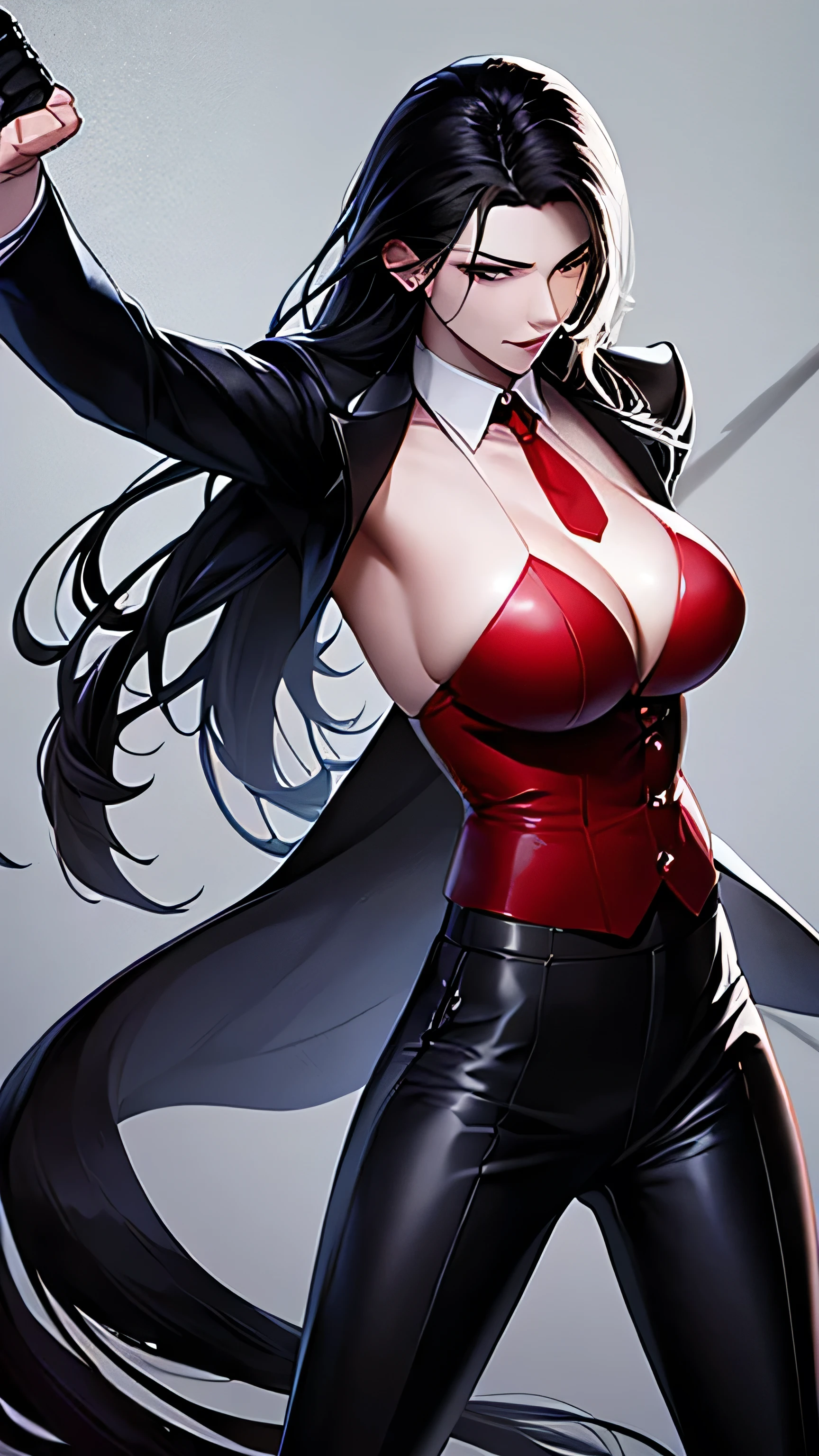 1 girl, 23 years old, long black hair, handsome face, sleeveless business suit, red tie,show cleavage, long black pants, black leather gloves,boxing stance, punching,high quality, masterpiece