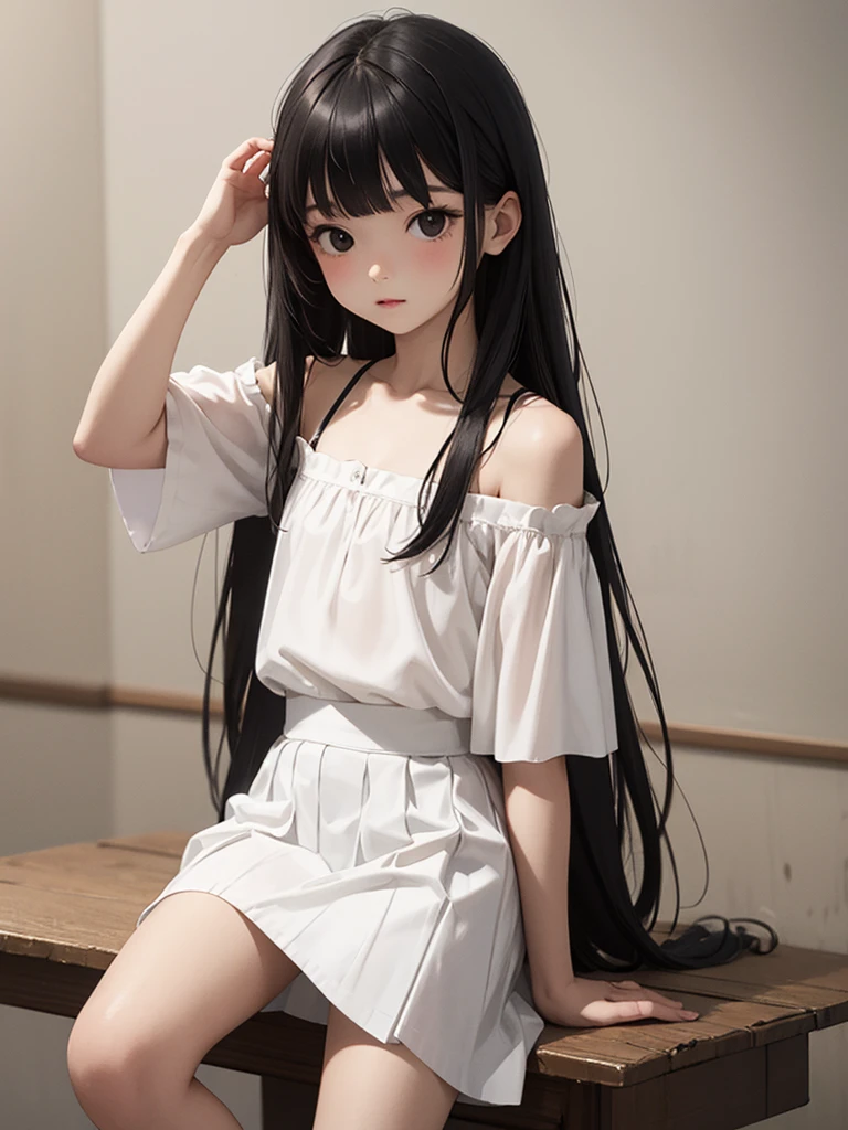 masterpiece, best quality, 1 girl, solo, 6 years old, flat chest, mai, black eyes, black hair, long hair, blunt bangs, straight hair, bare shoulders, white blouse, white skirt, looking through legs,