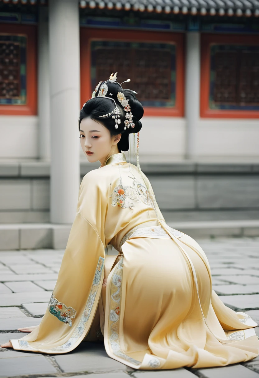 A side view of a Chinese empress on all fours, a close-up of her buttocks. The background is the stone paving outside the Chinese palace of the Qing dynasty. She is on all fours, with her hands on her chest, her big buttocks exposed, her thighs sticking out, her legs open and touching the ground, she is not wearing underwear, her buttocks sticking out are floating up.　　　　　　　　　　　　　　　　　　　　　　　　　　　　　　 Her hair was decorated with a large empress crown and large hair ornaments with flashy flowers.　 The back of the hair is tied up and up.　Erotic Woman