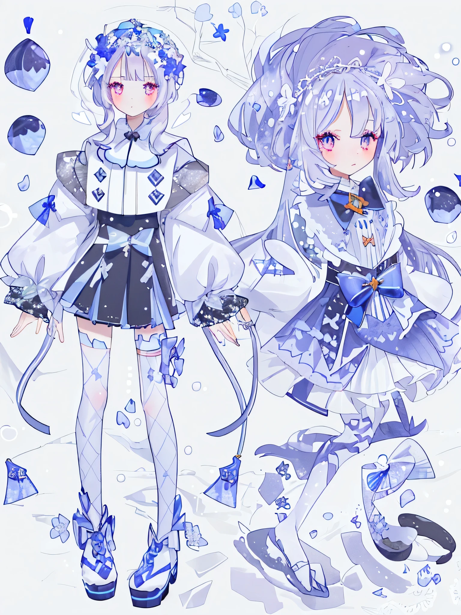Exquisite facial features,Beautiful face,Bow,Various small accessories,Daffodils,teacup elements,snow,subculture,Mine system,coat,Short skirt,Girl,Blue long hair,Clothing design,Blue-pink white,whole body,Fashion Design,gem,hollow-carved design,Character Design,masterpiece,Super Detail,Ultra HD,high quality