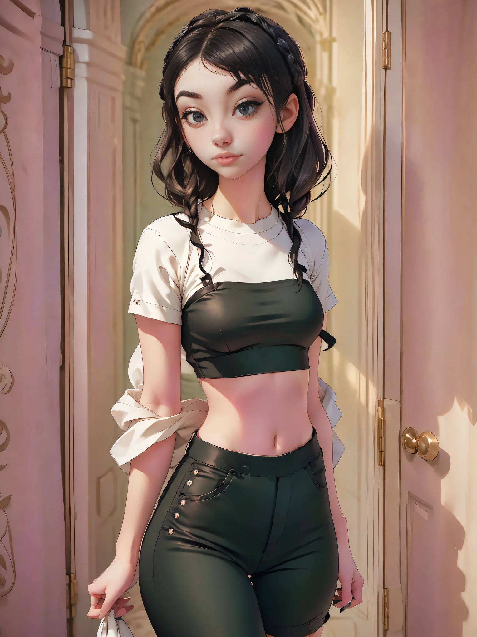 arafed woman in a black and white top and black velvet pants, dressed anya taylor - joy, wearing a cute top, wearing a sexy cropped top, beautiful taissa farmiga, crop top, dressed in a top and shorts, gorgeous young model, sydney sweeney, a beautiful -aged girl, young and cute girl, looks a blend of grimes