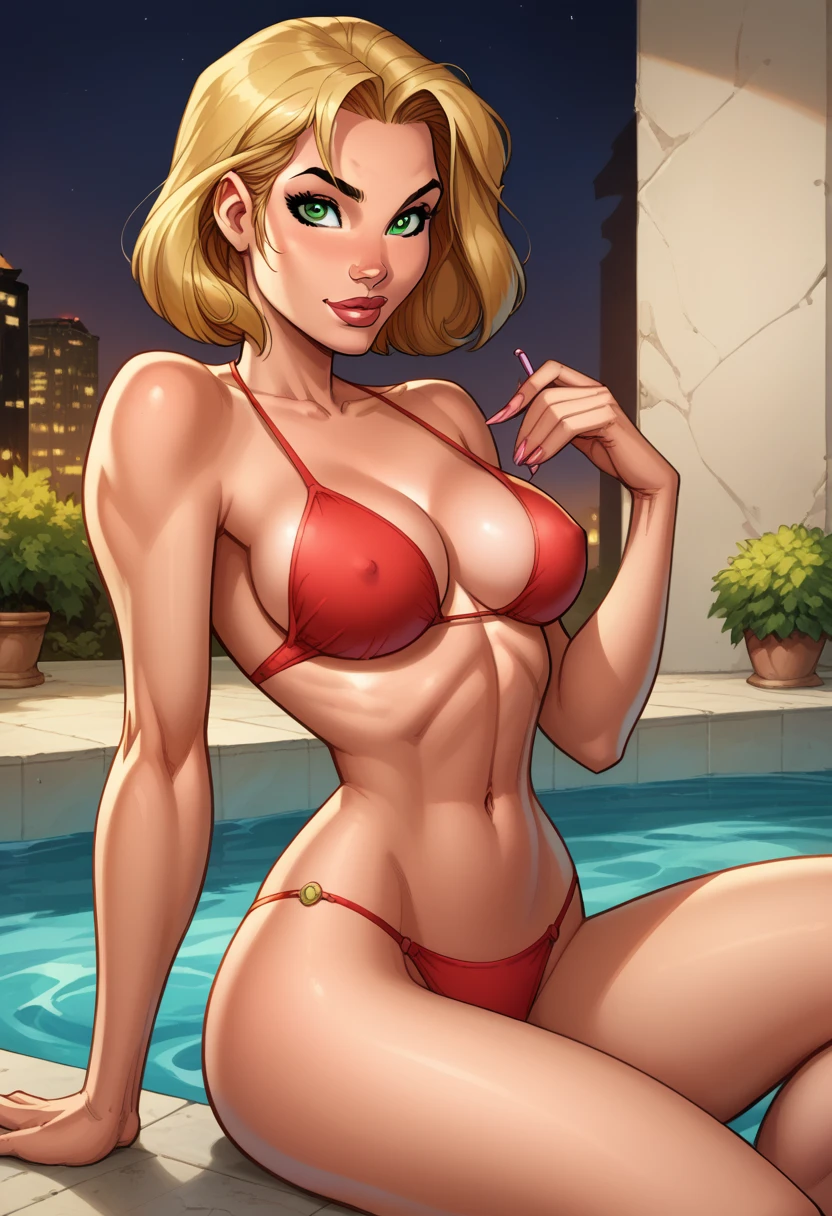 Score_9, score_8_up, score_7_up, rating explicit, source_comic, detailed soft lighting, 1girl, solo, BREAK (AchaseDG:1.2), large breasts, wearing (hort hair, blonde hair, messy hair, green eyes, red bikini:1.1), sitting by pool, luxury resort, rubbing her hands over her body, naughty expression, beautiful eyes, open eyes, BREAK, (masterpiece, best quality, highly detailed, beautiful).