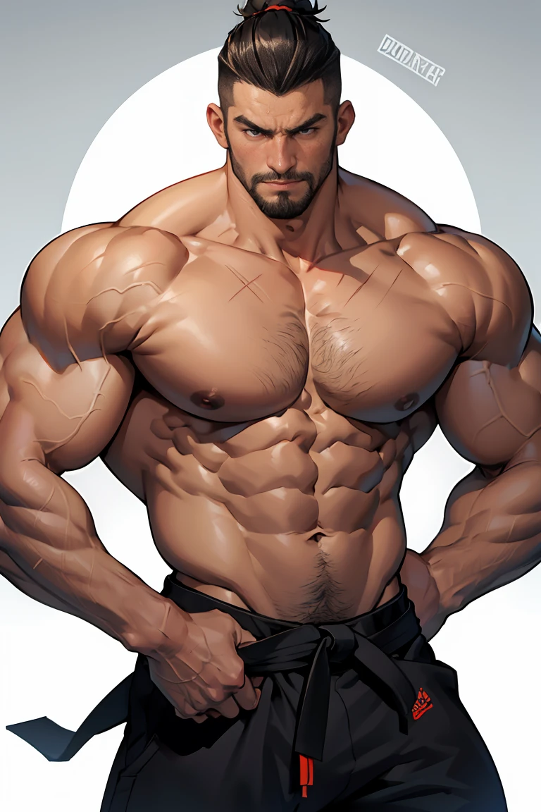 bodybuilding physique, A muscular man with a strong build.. He has a well-defined jaw and a serious expression.. Su piel es clara, y tiene barba corta. Boxeador o karateka, pose de karate, pose de boxeo, only pants, hermoso rostro,lleno de luz,Una mirada decidida