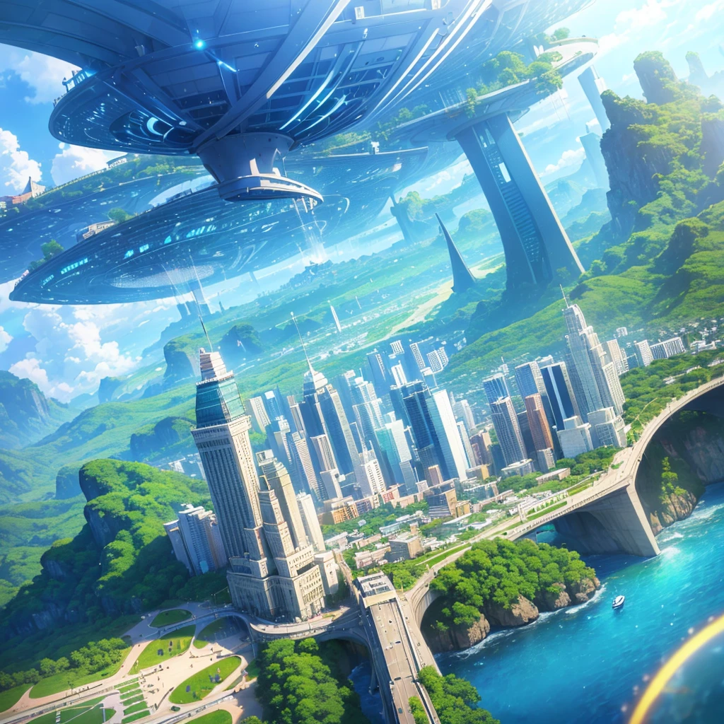 Seaside scenery, Blue sky and clouds、Ultra HD、Ultra-delicate details、(Highest quality,4K,8k,High resolution,masterpiece:1.2),Very detailed,(Realistic,Realistic,Photorealistic:1.37),Future Technology,Huge urban high-tech tablet platform,airship,Floating in the sky,Future City,小さなairshipが周囲に,High-tech hemispherical platform,Colorful lights,High-level architecture,Modern architecture,Access the cloud,Beautiful views,City view,Impressive design,Future Transportation Systems,No Parking,Transparent path,Lush greenery,waterfall,Spectacular Skyline,Reflection on the surface of the water,Shining River,Architectural Innovation,Futuristic skyscrapers,Transparent Dome,Glowing lights,Future Technology,minimalist design,Scenic spots,panoramic,tower that pierces the clouds,Vibrant colors,Spectacular sunrise,Spectacular sunset,Dazzling light display,Magical atmosphere,Future City,Urban Utopia,Luxury Lifestyle,Innovative Energy,Sustainable Development,Smart City Technology,Advanced Infrastructure,Quiet atmosphere,Nature and technology coexist in harmony,Great cityscape,Unprecedented urban planning,Architecture seamlessly connects with nature,,A marvel of cutting-edge engineering,The future of urban living,A visionary architectural concept,Energy-efficient buildings,Harmony with the environment,A city floating above the clouds,Utopian dreams become reality,The possibilities are endless,Cutting-edge transportation network,Green Energy Integration,Innovative Materials,Impressive holographic display,Advanced Communication Systems,Breathtaking aerial views,Quiet and peaceful environment,Modernist aesthetics