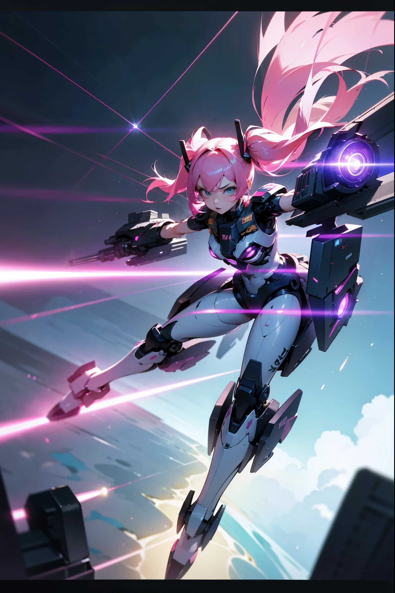 1girl, pink hair in twin tails, futuristic battle suit with wing-like thrusters, flying above a city, lasers firing from arm cannons, cinematic lighting, dramatic action pose, highly detailed, intricate mecha design, vibrant colors, neon city, engaging sci-fi atmosphere, 8k, masterpiece, ray tracing, volumetric lighting, advanced post-processing