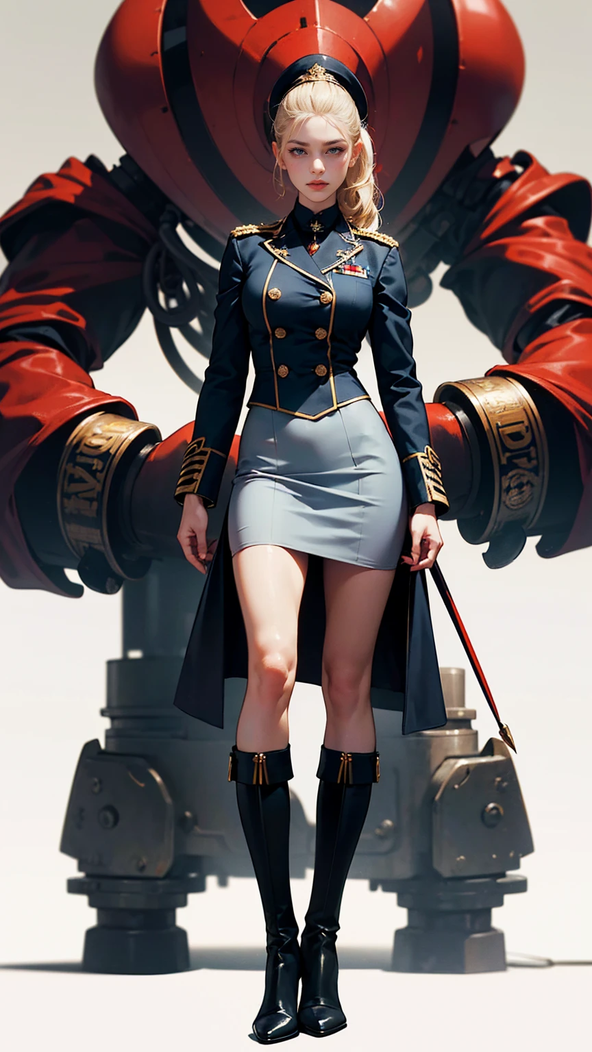 (Best quality, 4K, high resolution, masterpiece, ultra-detailed, realistic anatomy, photo-realistic:1.37), araffe attractive young woman, senior military officer, (wearing Prussian Hussar uniform), (light gray double breasted blazer jacket), (black pencil skirt), (Prussian Deaths Head cap), (black stocking and heel boots), blonde hair, high ponytail hair style, standing confidently, This full-body portrait captures her strength and authority, with sharp focus on her uniform's details and her commanding gaze, The image evokes an aura of discipline and respect, set against a military backdrop,