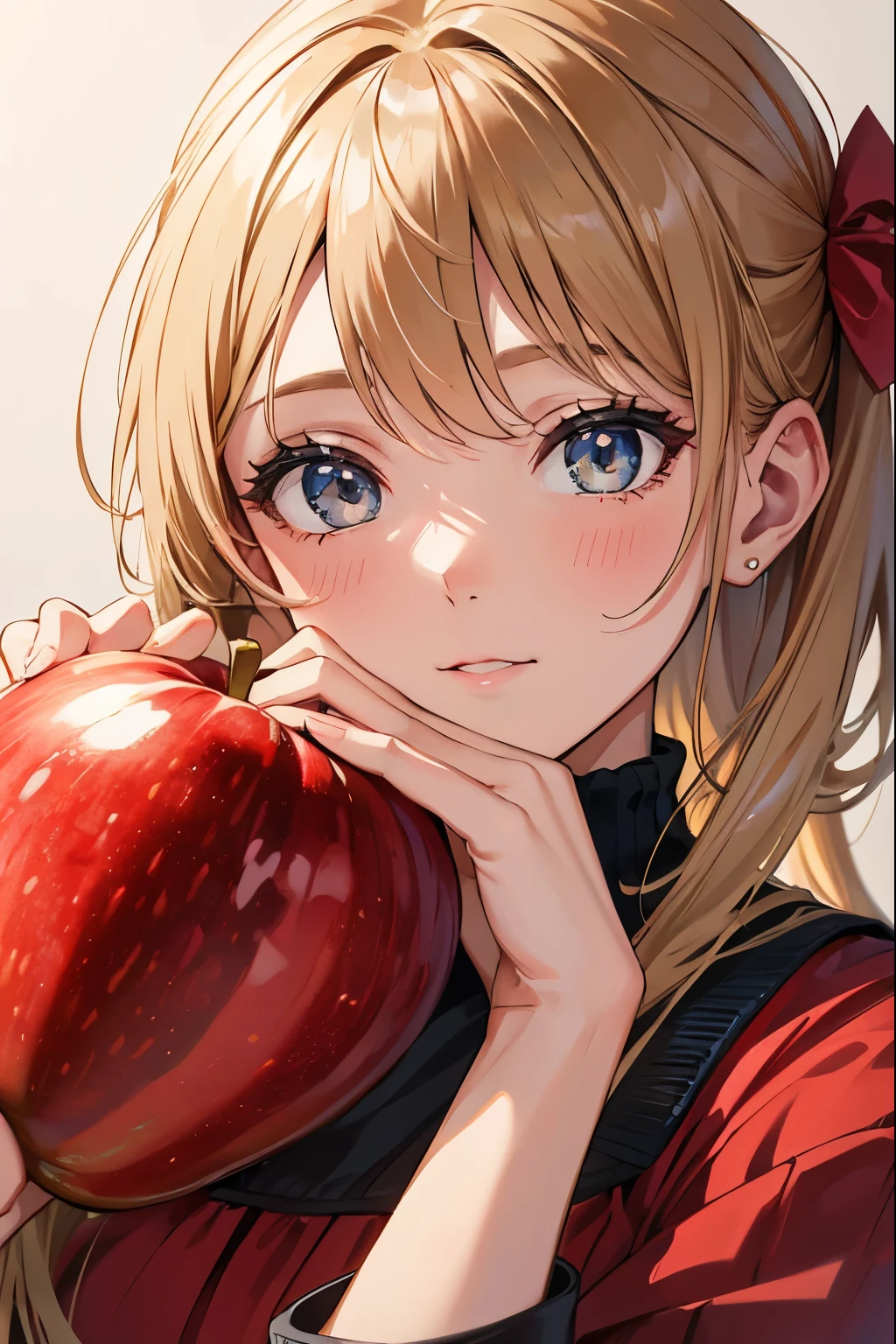 High quality pictures,8k,Close-up of a woman's face,holding an apple,Gently smell