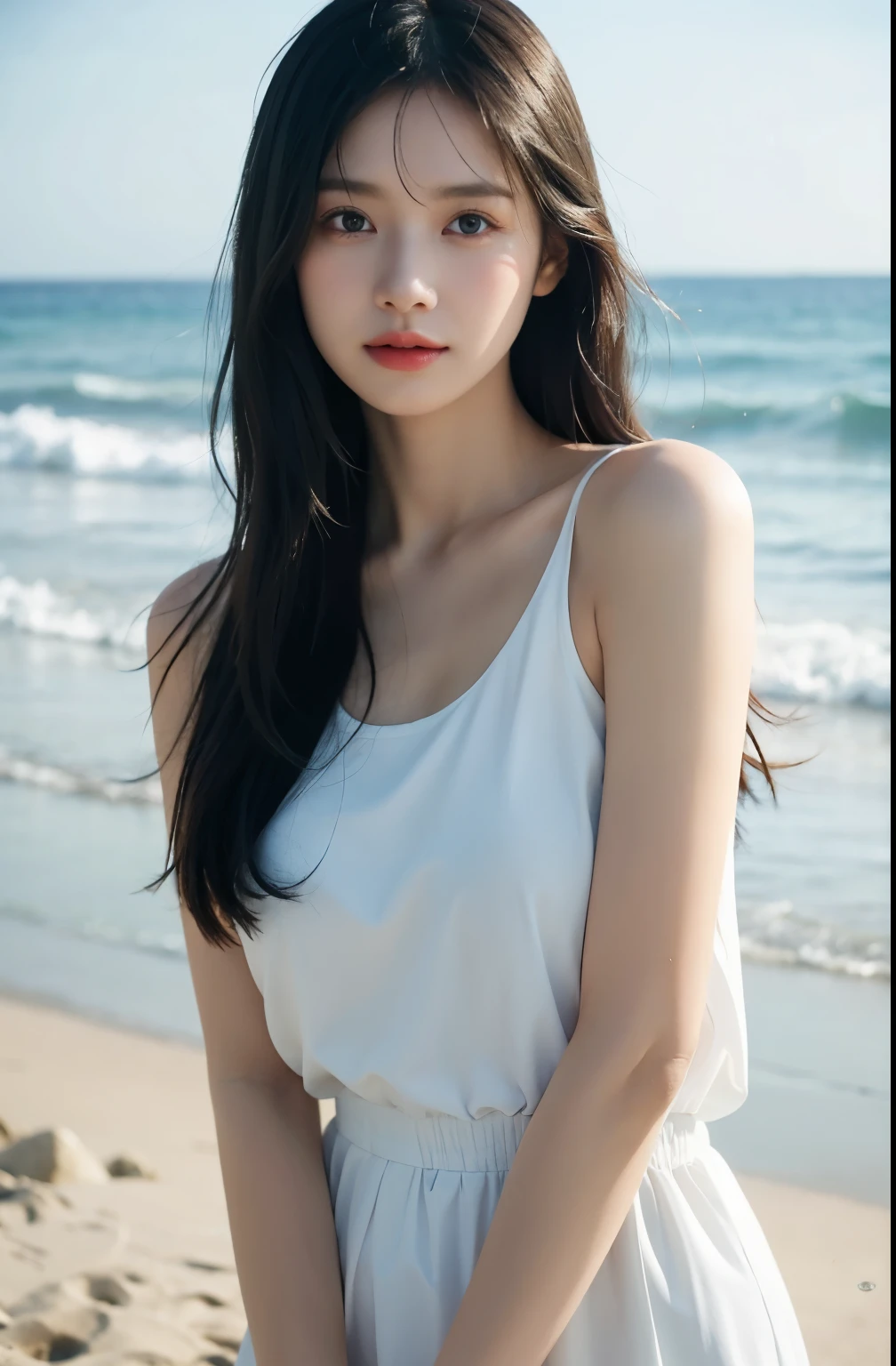 A photorealistic image of a young woman with long wet black hair and soft, radiant skin, standing on a beach during a misty morning. she wearing white tanktop with water droplets on her skin, big eyes,highlighting her delicate features. Her deep eyes and subtle makeup enhance her natural beauty, complemented by the serene, soft blue background of the sea and sky. The atmosphere is tranquil and slightly moody.