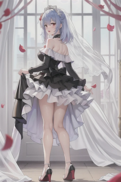 prinz eugen \(warship girls r\)，(((Best quality))), ((Ultra-detailed)), ((illustration)), ((Disheveled hair)), ((frilld)), (1 girl),(Solo),1girl, blurry_background, blurry_foreground, bridal_veil, cherry_blossoms, clothes_lift, confetti, depth_of_field, dress, dress_lift, falling_petals, flower, high_heels, indoors, lifted_by_self, long_hair, looking_at_viewer, looking_back, open_mouth, petals, red_hair, rose_petals, skirt_hold, smile, solo, stairs, standing, veil, wedding_dress, white_dress, white_footwear, rating:safe, :d, blush, breasts, curtains, frilled_dress, frills, from_behind, full_body, hair_flower, hair_ornament, kneepits, legs, logo, medium_breasts, motion_blur, off-shoulder_dress, off_shoulder, silver_hair, red_eyes, shadow, sidelocks, sleeveless, wind, window, blurry