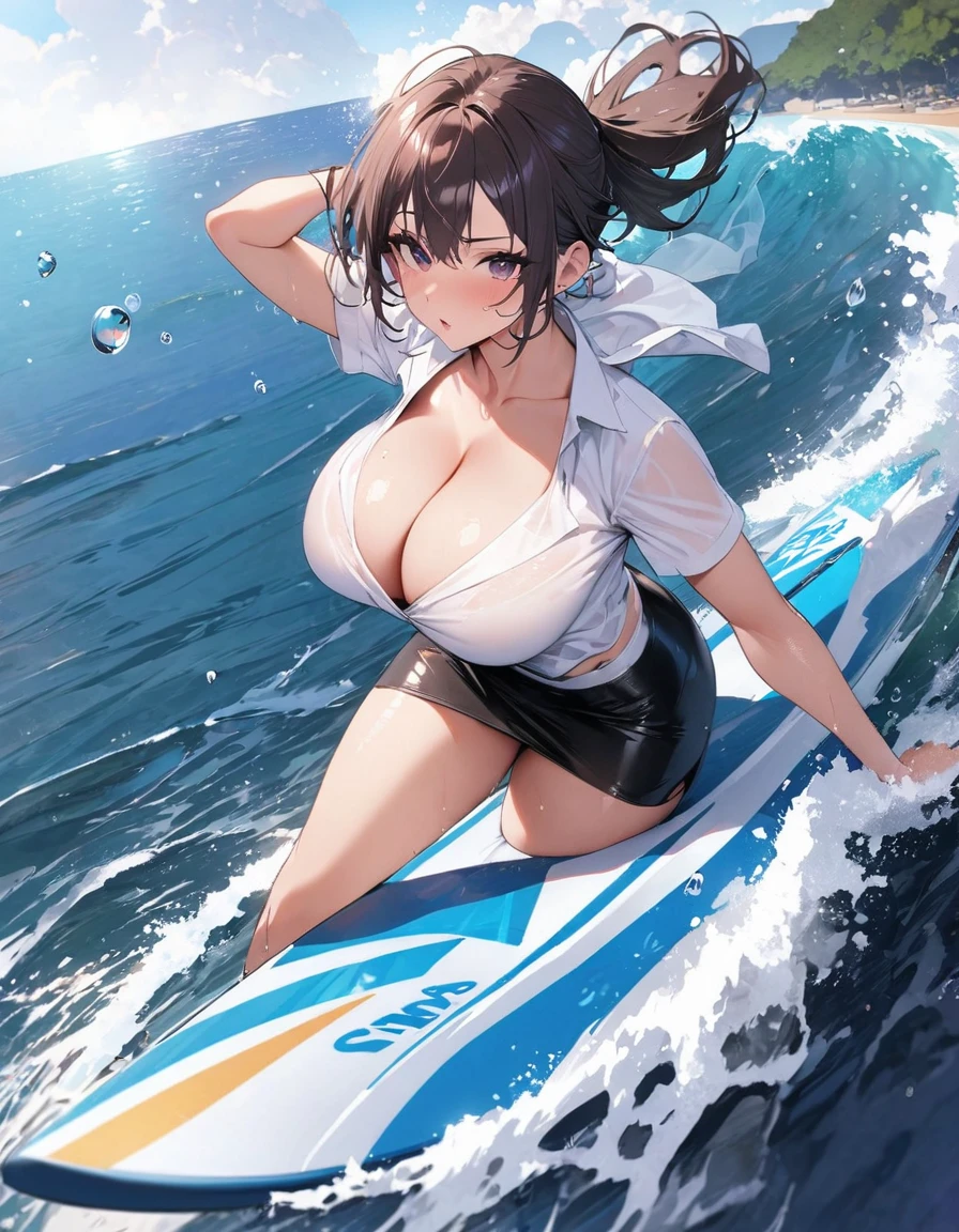 (Highest quality, High resolution, Very detailed),One Woman、White shirt、Black slit skirt、16K、Big Breasts、Surfing in the ocean、Ride on a surfboard、water droplets、Big waves、Cleavage