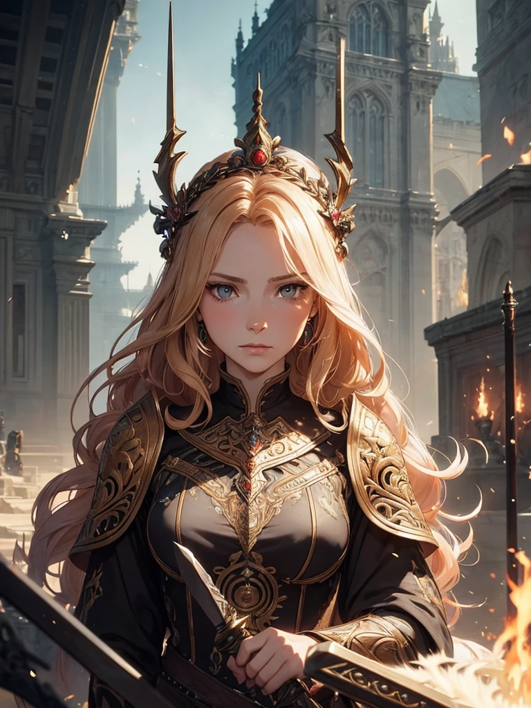 (by Greg Rutkowski: 1.2), (masterpiece), ((best quality)), extremely delicate and beautiful, illustration, highly detailed face and body. Aristocracy. daughter. Long wavy blonde hair. Very warm clothes. {fierce and powerful warrior queen with a braided crown of fiery red hair, piercing golden eyes, dressed in ornate armor embellished with intricate patterns and wielding a mighty sword, radiating strength and leadership}, HD. elegance. photorealism. Unreal engine. From Brian Froud and Carne Griffiths and Wadim Kashin and John William Waterhouse, 8K post-production, high resolution, hyperdetailed, depth of field, HDR, intricate