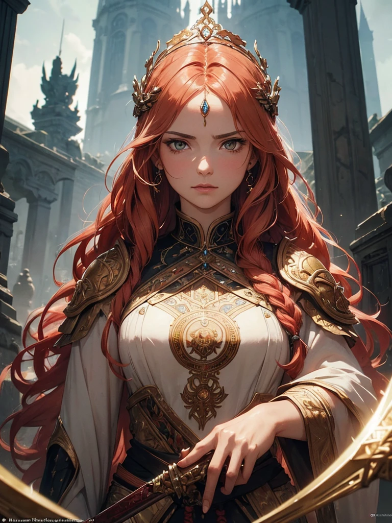 (by Greg Rutkowski: 1.2), (masterpiece), ((best quality)), extremely delicate and beautiful, illustration, highly detailed face and body. Aristocracy. daughter. Long wavy blonde hair. Very warm clothes. {fierce and powerful warrior queen with a braided crown of fiery red hair, piercing golden eyes, dressed in ornate armor embellished with intricate patterns and wielding a mighty sword, radiating strength and leadership}, HD. elegance. photorealism. Unreal engine. From Brian Froud and Carne Griffiths and Wadim Kashin and John William Waterhouse, 8K post-production, high resolution, hyperdetailed, depth of field, HDR, intricate