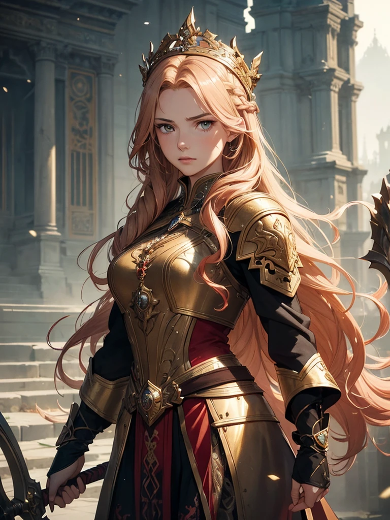 (by Greg Rutkowski: 1.2), (masterpiece), ((best quality)), extremely delicate and beautiful, illustration, highly detailed face and body. Aristocracy. daughter. Long wavy blonde hair. Very warm clothes. {fierce and powerful warrior queen with a braided crown of fiery red hair, piercing golden eyes, dressed in ornate armor embellished with intricate patterns and wielding a mighty sword, radiating strength and leadership}, HD. elegance. photorealism. Unreal engine. From Brian Froud and Carne Griffiths and Wadim Kashin and John William Waterhouse, 8K post-production, high resolution, hyperdetailed, depth of field, HDR, intricate